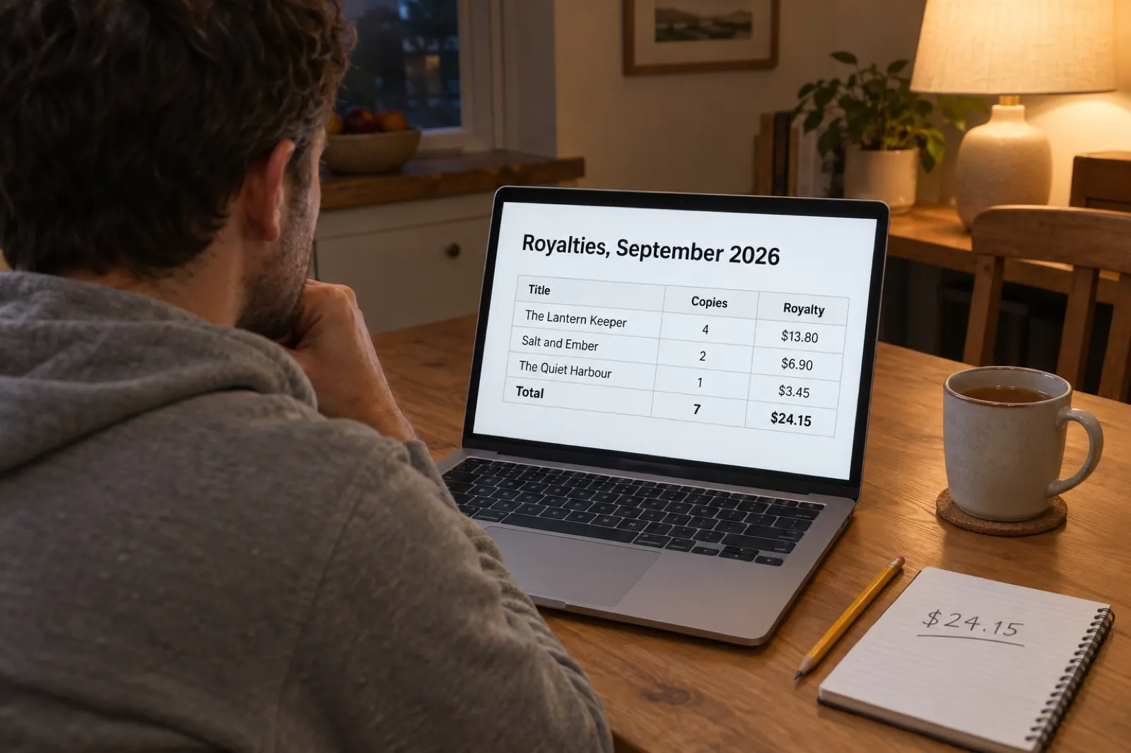 Over the shoulder of a man at a kitchen table at night looking at a laptop showing a plain report headed Royalties, September 2026: The Lantern Keeper 4 copies $13.80, Salt and Ember 2 copies $6.90, The Quiet Harbour 1 copy $3.45, total 7 copies $24.15, with $24.15 written in a notebook beside it.