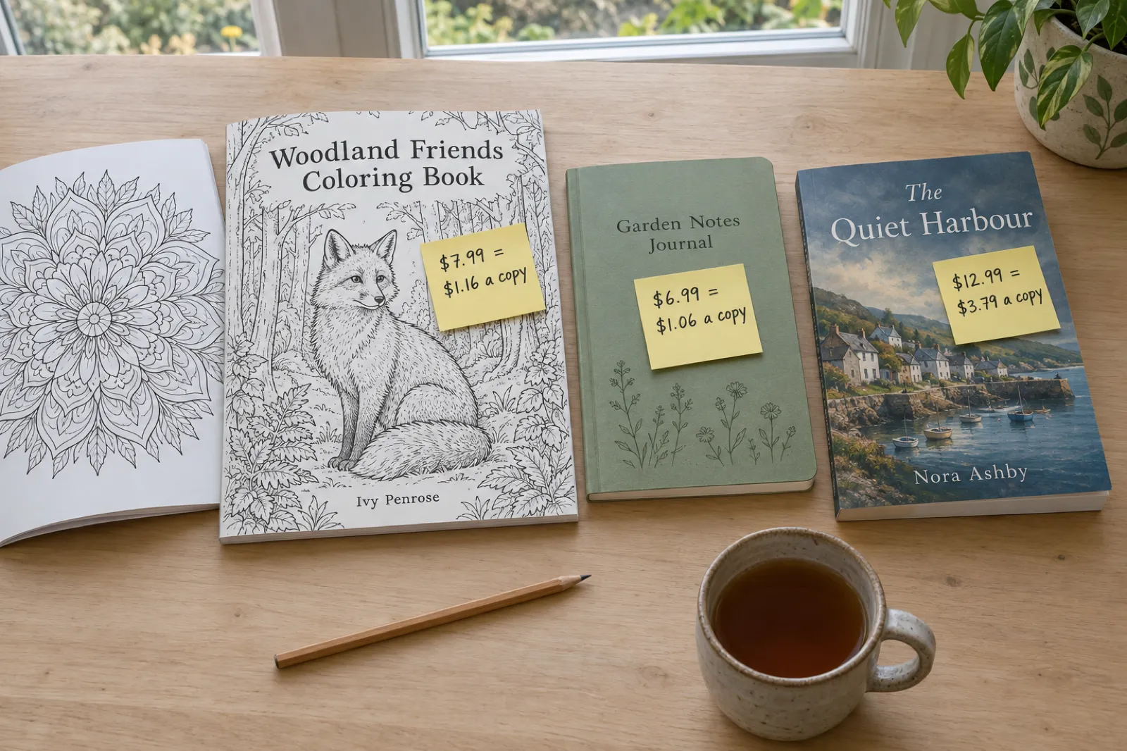 Three paperback proofs on a wooden table, each with a handwritten sticky note: Woodland Friends Coloring Book by Ivy Penrose, $7.99 = $1.16 a copy; a sage green Garden Notes Journal, $6.99 = $1.06 a copy; and The Quiet Harbour by Nora Ashby, $12.99 = $3.79 a copy.