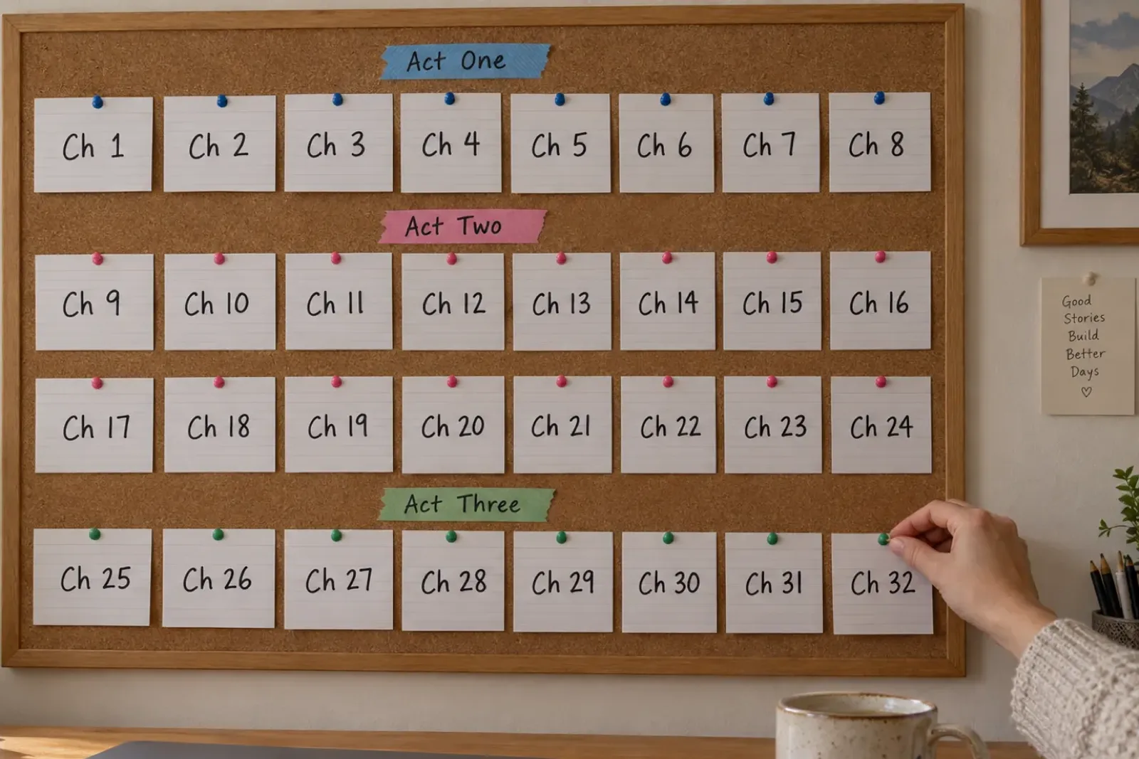 A cork noticeboard with 32 index cards numbered Ch 1 to Ch 32 in four rows, washi tape labels marking Act One above the first row, Act Two above the middle two rows and Act Three above the last row, a hand pinning the card for Ch 32