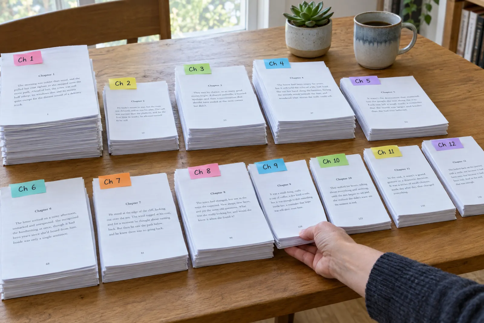 A printed manuscript split into twelve piles on an oak table, one per chapter, each topped with a coloured sticky tab labelled Ch 1 to Ch 12, the piles visibly different heights, a hand moving one thin pile next to another