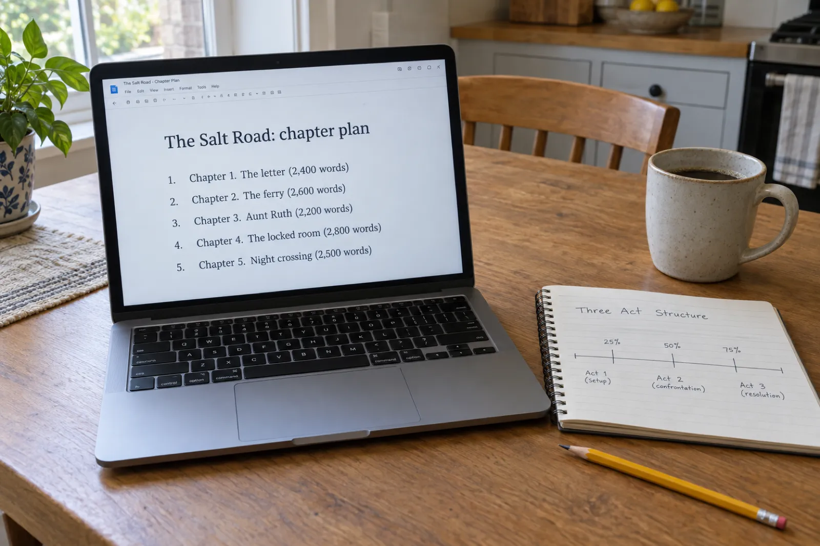 A laptop on a kitchen table showing a document titled The Salt Road: chapter plan with five numbered chapters and their word counts, beside a notebook sketch of a three-act line marked 25%, 50% and 75%