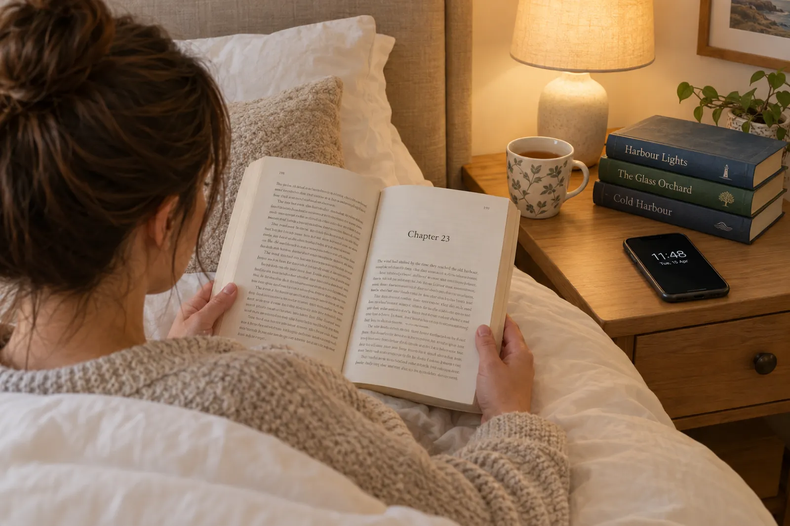 A woman reading a paperback in bed under a warm bedside lamp, the book open at a page headed Chapter 23, her phone on the bedside table showing 11:48, tea and a stack of books with invented titles beside her