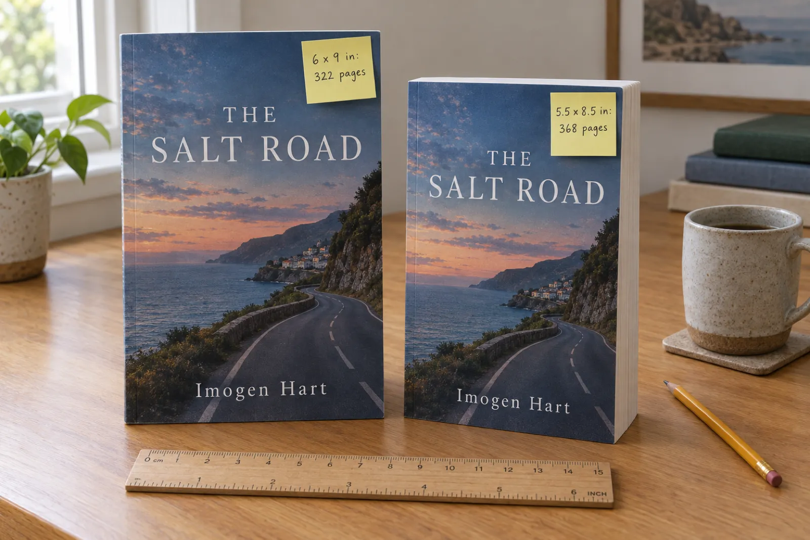 Two paperback copies of the same invented novel, The Salt Road by Imogen Hart, on a wooden desk: a 6 x 9 inch copy with a sticky note reading '6 x 9 in: 322 pages' and a smaller, thicker 5.5 x 8.5 inch copy reading '5.5 x 8.5 in: 368 pages', a ruler in front