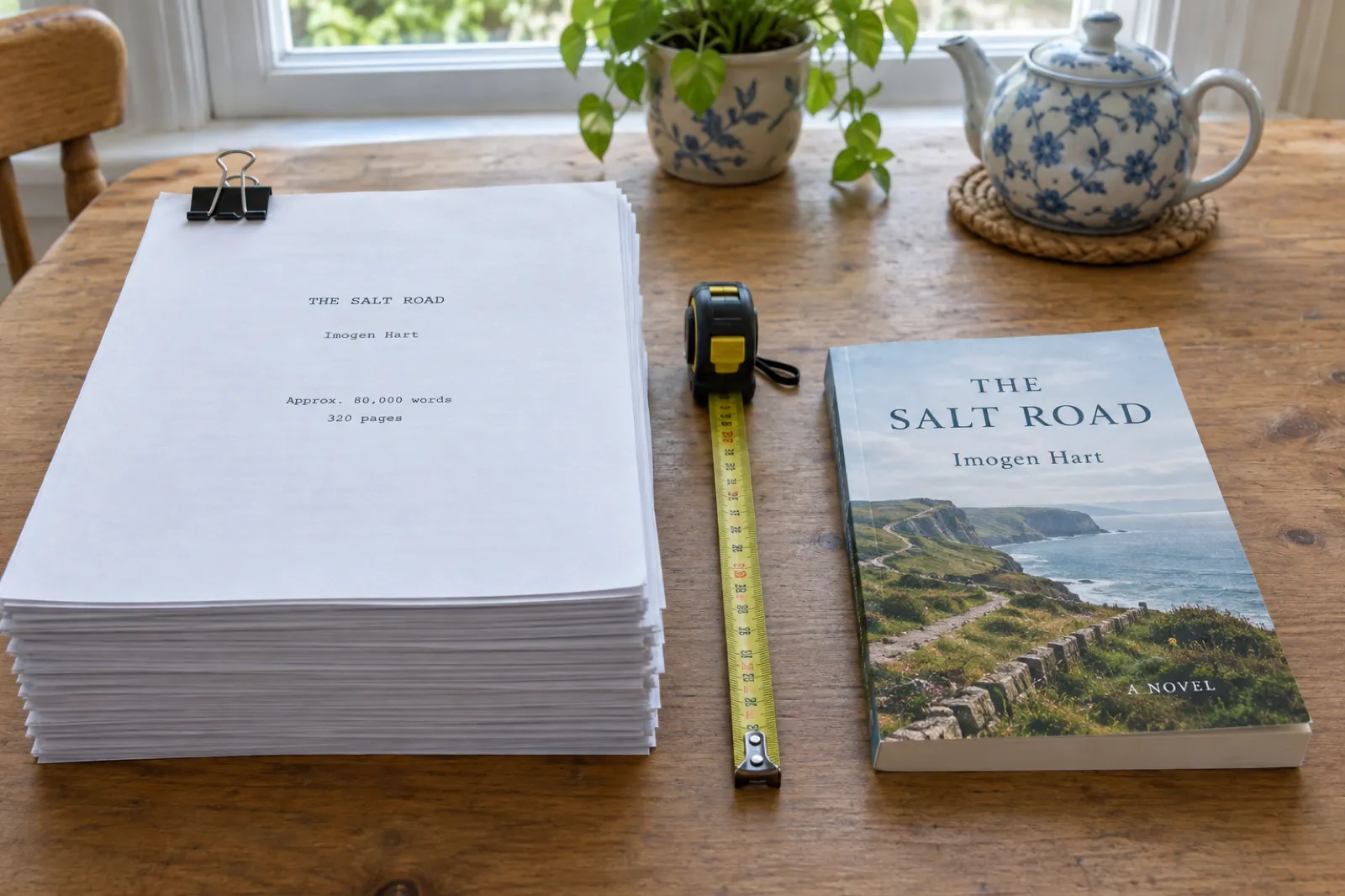 On a kitchen table, a thick clipped stack of double-spaced manuscript pages with a title page reading THE SALT ROAD, Imogen Hart, Approx. 80,000 words, 320 pages, a tape measure, and the finished paperback of the same book beside it