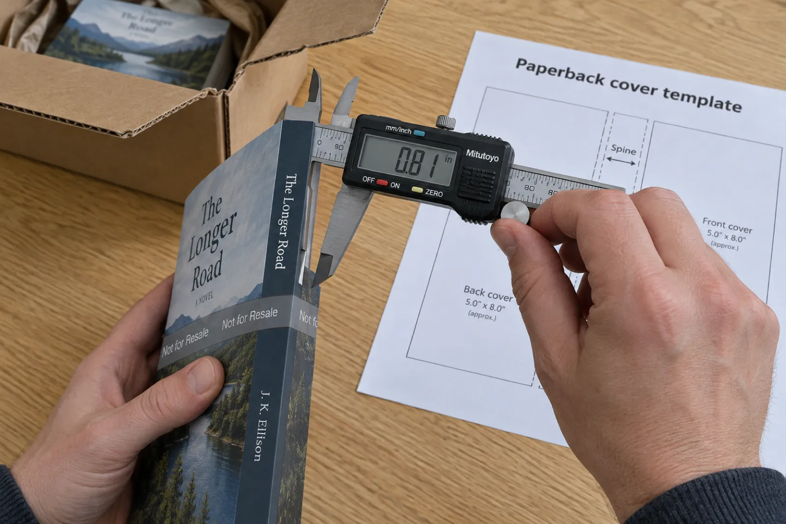 Hands measuring the spine of a paperback proof copy marked Not for Resale with a digital caliper reading 0.81 in, a printed paperback cover template with the spine marked beside it