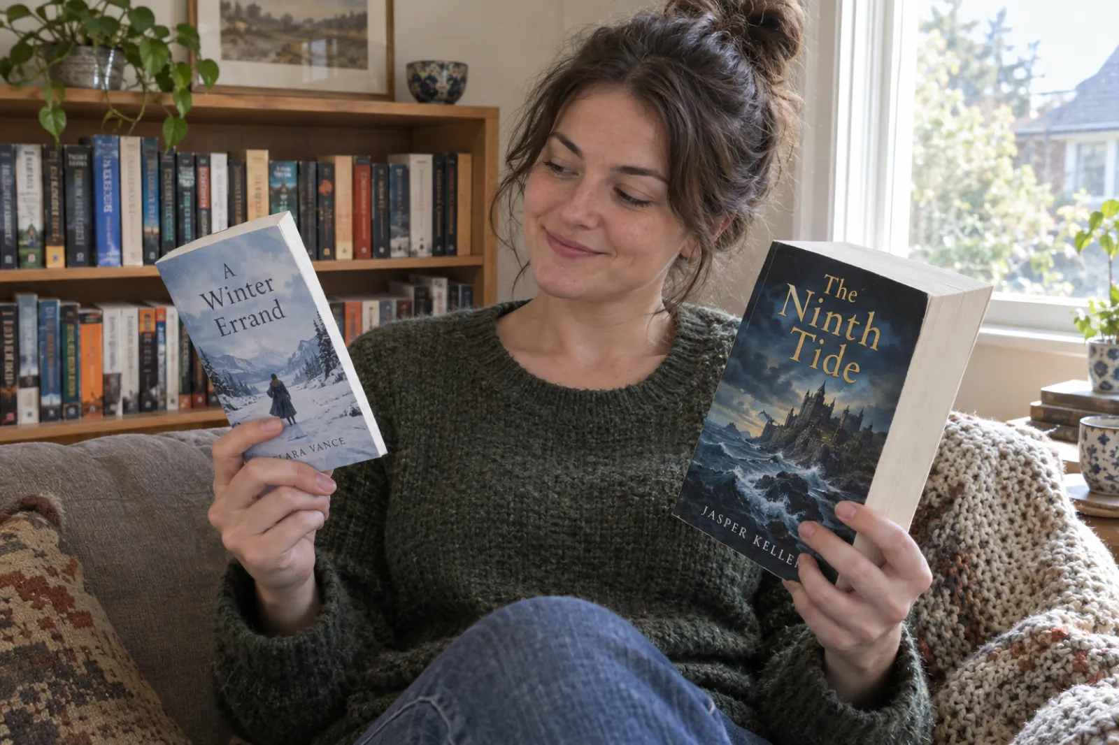 A reader on a sofa by a sunny window holding a slim paperback titled A Winter Errand in one hand and a very thick fantasy paperback titled The Ninth Tide in the other, a bookshelf of paperbacks of many thicknesses behind her