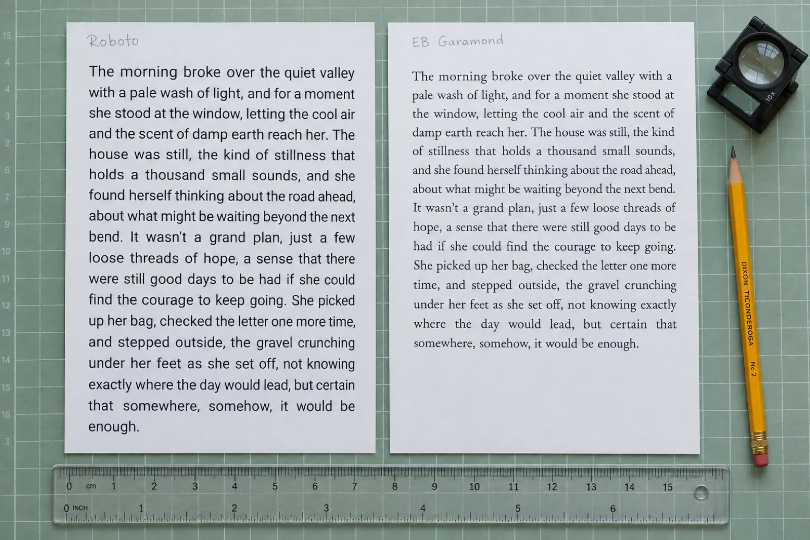 Two printed 6 x 9 pages side by side on a green cutting mat with the same paragraph: the left in Roboto fills nearly the whole page, the right in EB Garamond ends about two thirds of the way down, with pencilled labels, a ruler, a pencil and a loupe