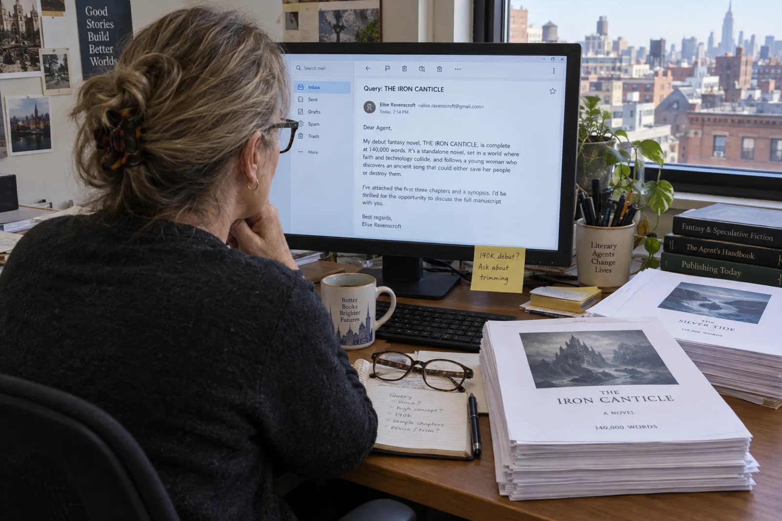 A literary agent at a cluttered office desk reading a query letter on screen, a sticky note on the monitor in her handwriting reading '140K debut? Ask about trimming', stacks of printed manuscripts with word counts on their cover pages