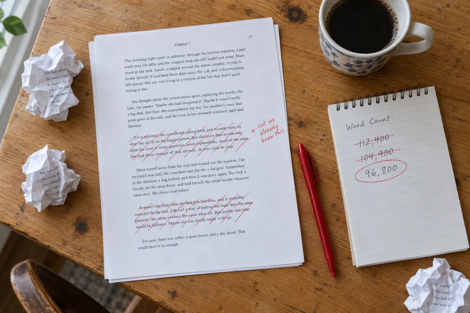 Overhead view of a kitchen table with a printed manuscript chapter covered in red-pen edits, whole paragraphs crossed through, a margin note reading 'cut: we already know this', a word count tally on a notepad going from 112,400 to 96,800