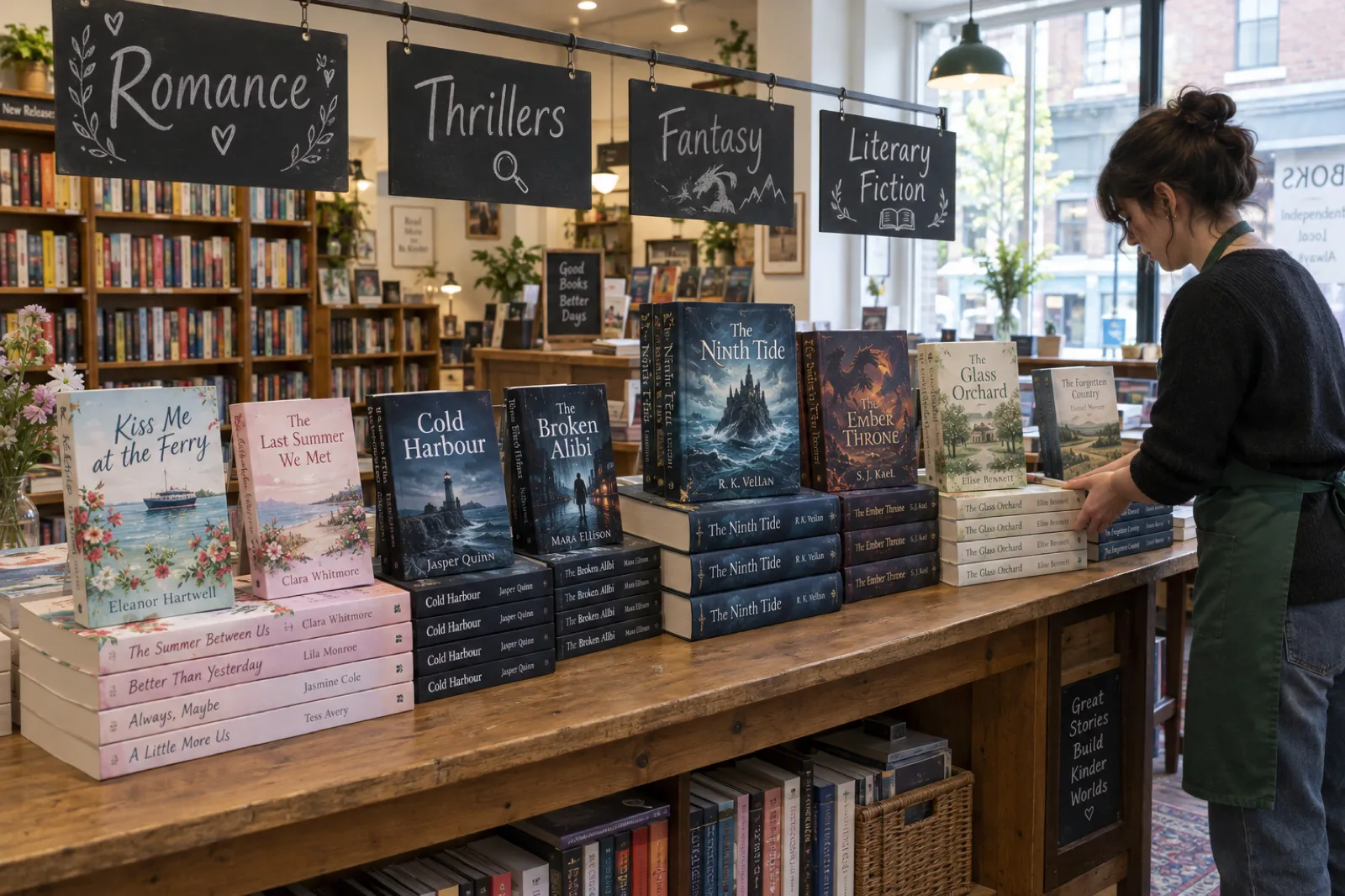 A bookshop display table under hand-lettered genre signs reading Romance, Thrillers, Fantasy and Literary Fiction, the fantasy books visibly thicker than the romances, a shop assistant straightening a stack of invented titles