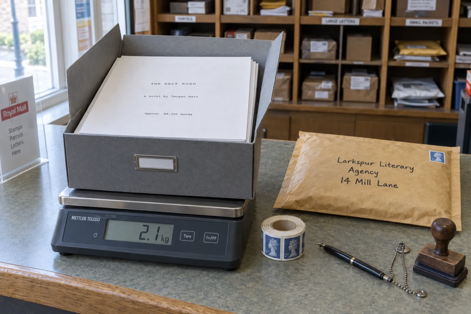A printed manuscript in a box file on a post office counter scale reading 2.1 kg, its title page clearly showing an invented title, author name and 'Approx. 88,000 words', with a padded envelope addressed to a literary agency beside it