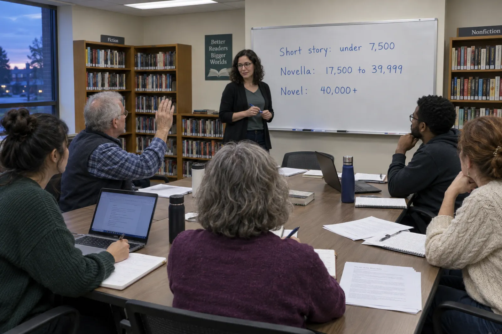 An evening writing workshop in a library meeting room, a whiteboard listing 'Short story under 7,500 / Novella 17,500-39,999 / Novel 40,000+' in marker, six adults around a table with laptops and notebooks, one raising a hand