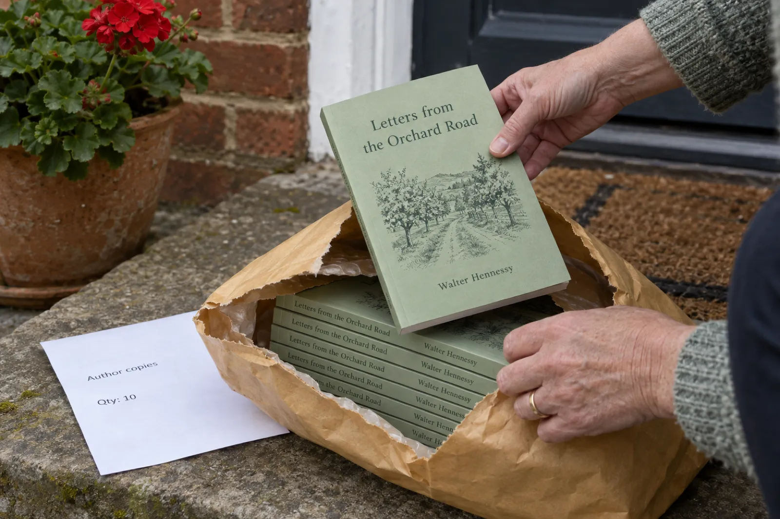 An older woman's hands, a wedding ring and a knitted grey sleeve, lifting a paperback of Letters from the Orchard Road by Walter Hennessy out of a torn brown padded envelope on a stone doorstep, with more copies stacked inside and a packing slip reading Author copies, Qty: 10 beside a pot of red geraniums.