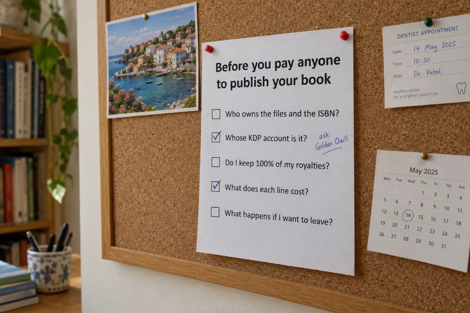 A printed page pinned with red push pins to a cork noticeboard, titled Before you pay anyone to publish your book, with five checkbox questions: Who owns the files and the ISBN?, Whose KDP account is it?, Do I keep 100% of my royalties?, What does each line cost?, What happens if I want to leave?; two boxes are ticked in blue pen with ask Golden Quill written in the margin, beside a seaside postcard and a small paper calendar.