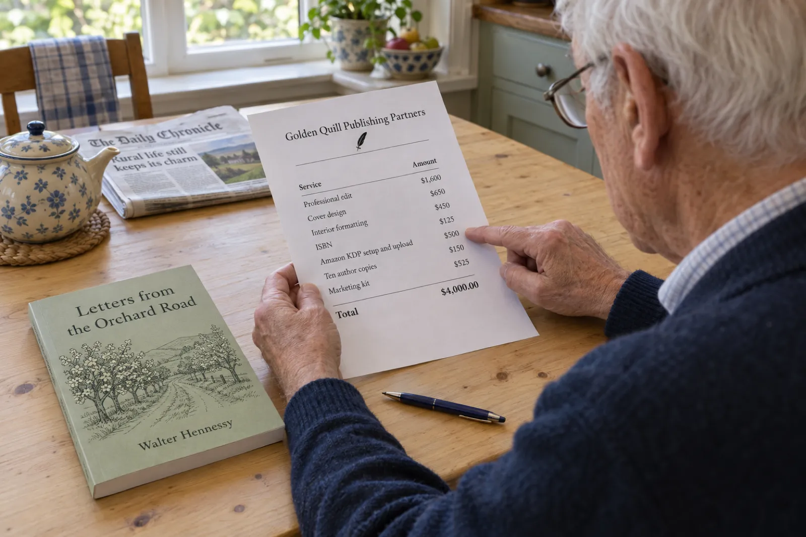 Over the shoulder of a white-haired man in a navy cardigan at a pine kitchen table, pointing at the line Amazon KDP setup and upload, $500, on an itemised quote from Golden Quill Publishing Partners that lists Professional edit $1,600, Cover design $650, Interior formatting $450, ISBN $125, Ten author copies $150, Marketing kit $525 and a total of $4,000.00; beside him lies a printed proof of his memoir, Letters from the Orchard Road by Walter Hennessy, with a sage green orchard cover.