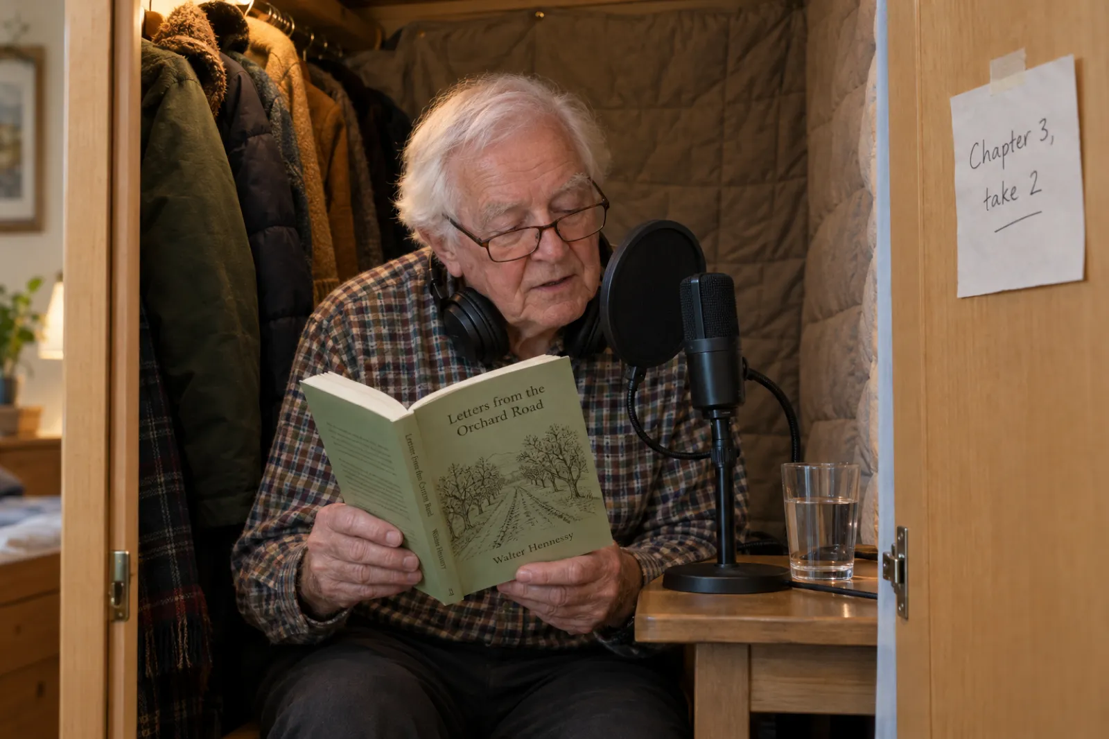 A white-haired man in glasses and a checked shirt sits inside an open wardrobe lined with coats and a quilted blanket, reading aloud from a paperback of Letters from the Orchard Road into a microphone with a round pop filter, headphones around his neck, a glass of water beside him and a note taped to the door reading Chapter 3, take 2.