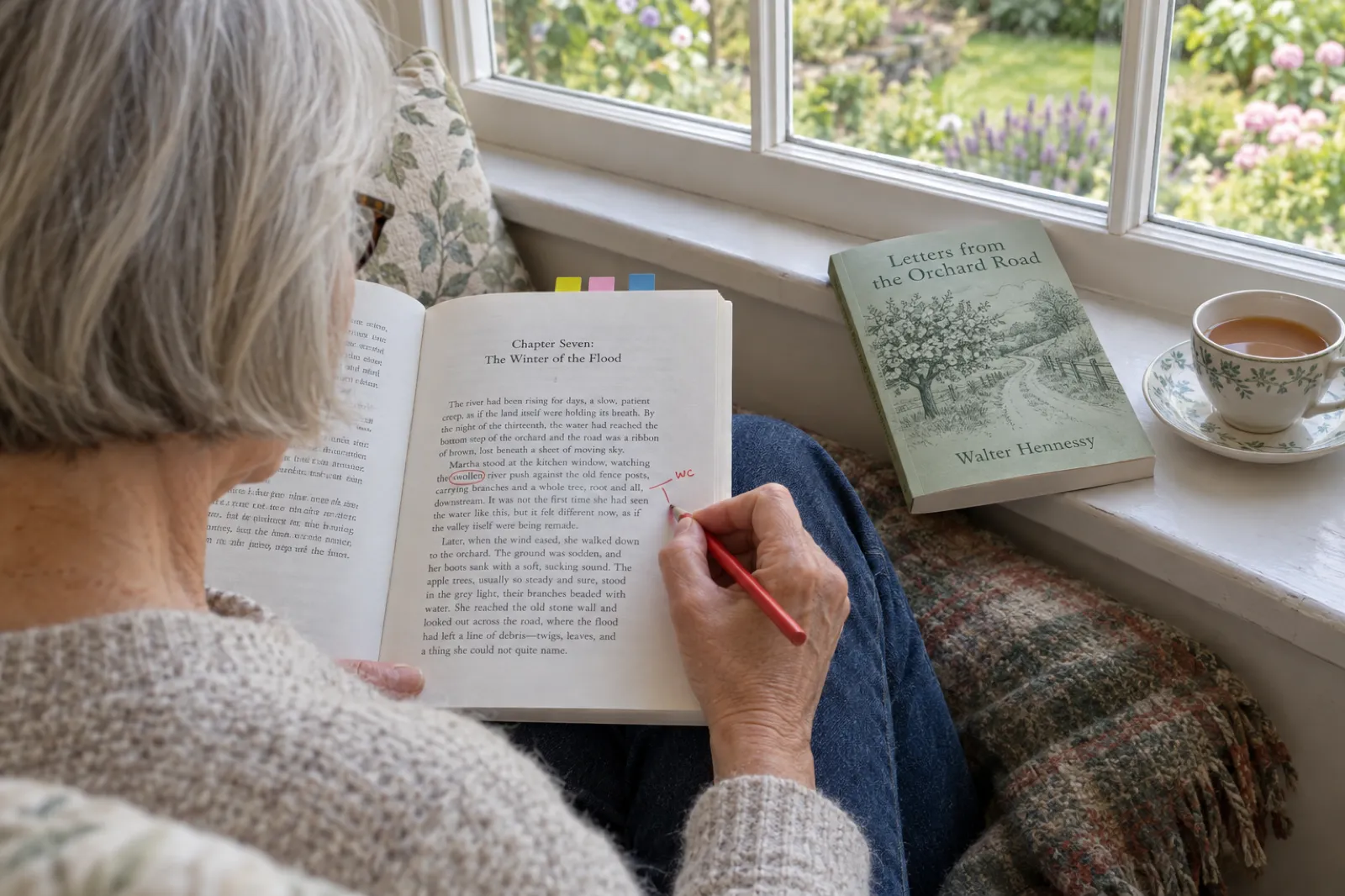 Over the shoulder of a silver-haired woman on a bay window seat marking a printed paperback proof with a red pencil, circling a word on a page headed Chapter Seven: The Winter of the Flood, with coloured tabs along the top edge; a closed copy of Letters from the Orchard Road by Walter Hennessy and a cup of tea sit on the window ledge.
