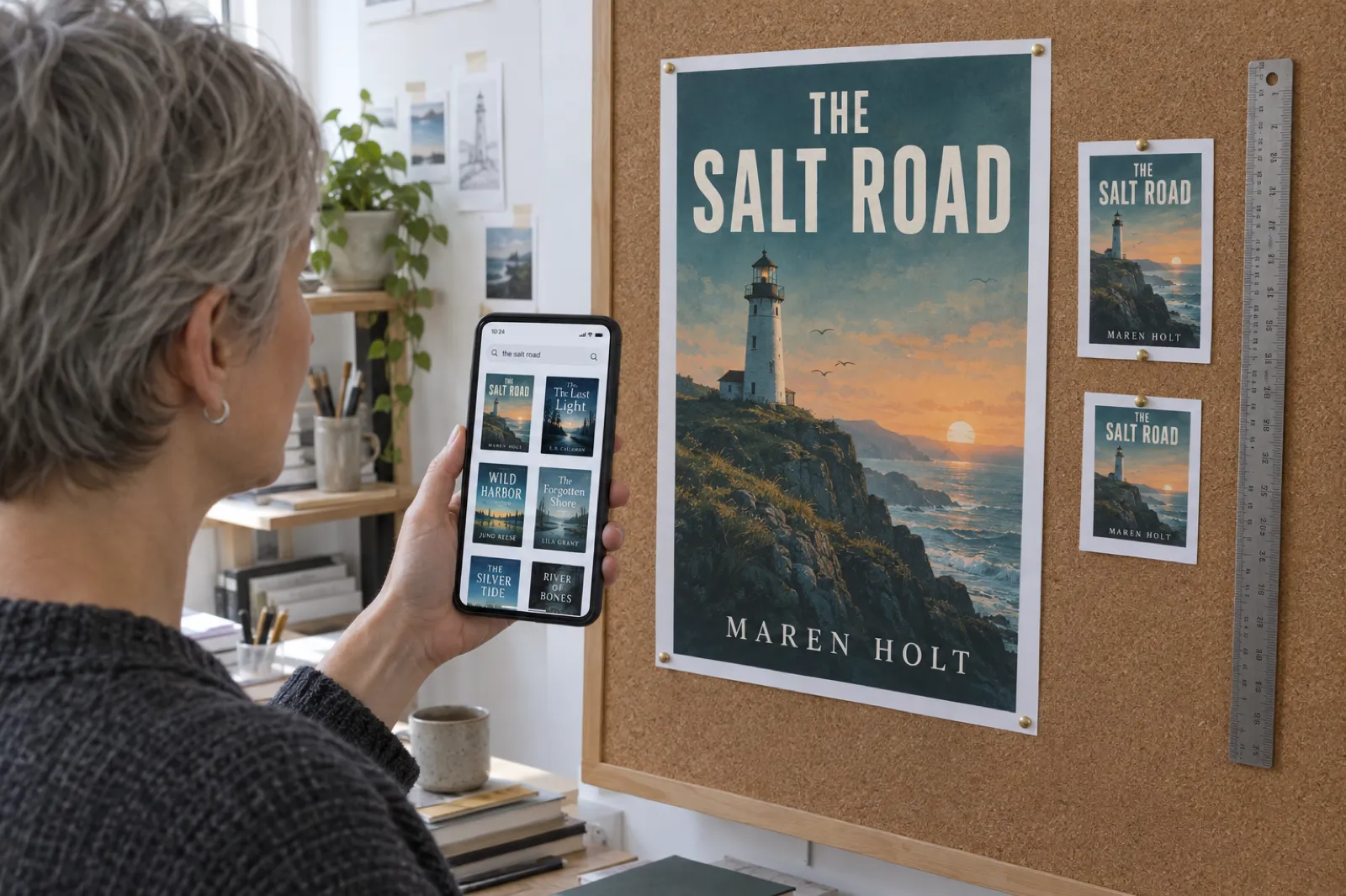 In a design studio, a woman with short grey hair holds up a phone showing a store search grid where the cover of The Salt Road by Maren Holt appears as a small thumbnail among other invented covers, while the full-size portrait cover proof, a lighthouse on a cliff at dawn, is pinned to a cork board beside two smaller prints and a steel ruler.
