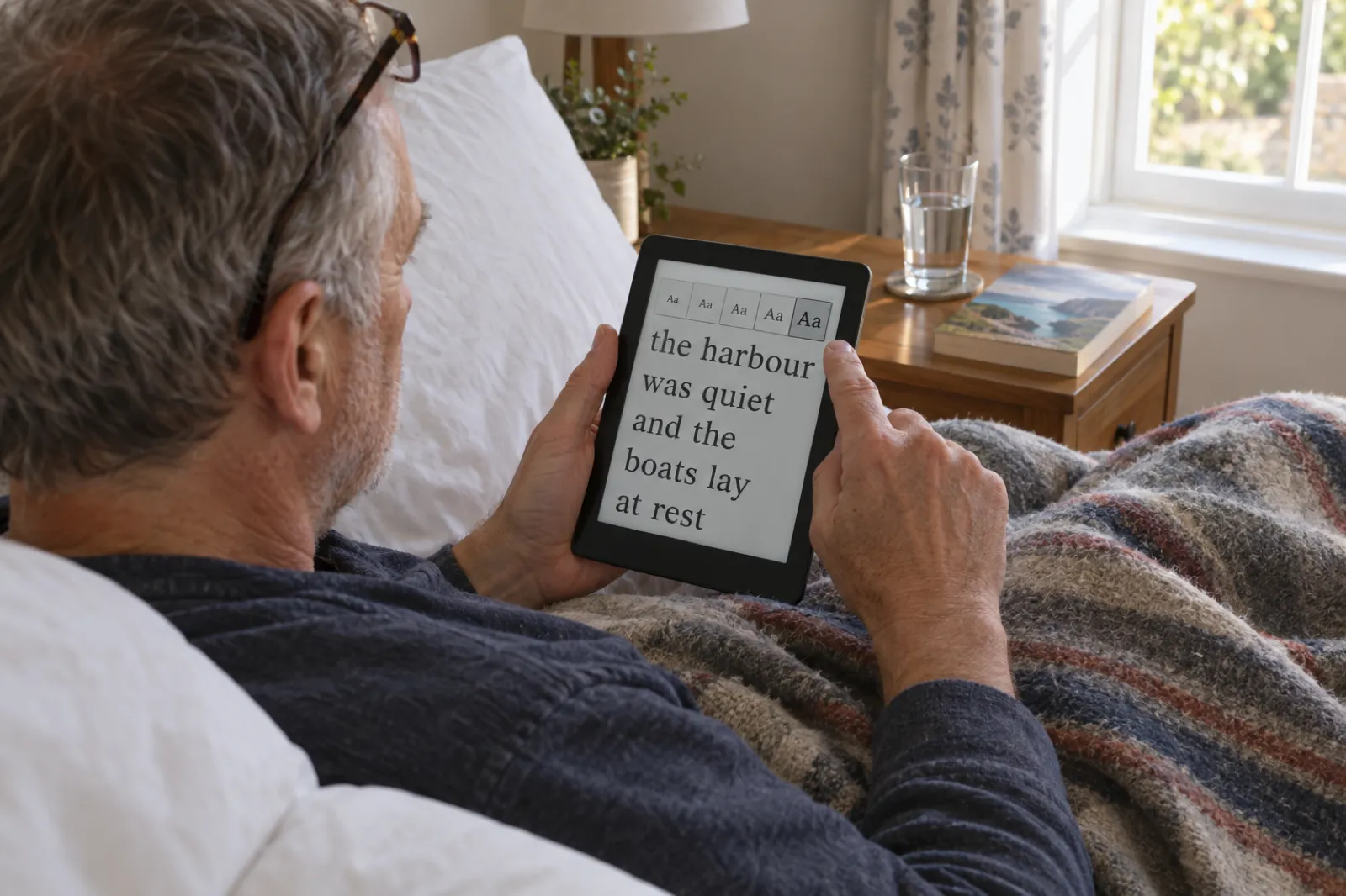 A grey-haired man sitting up in bed taps the largest of five Aa font size buttons on an e-reader, and the text behind the panel reflows to a few very large words per line: the harbour was quiet and the boats lay at rest. A glass of water and a paperback sit on the bedside table.