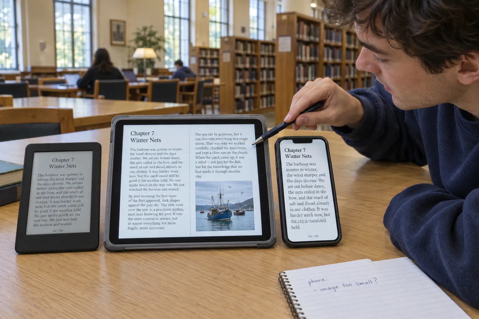 On a library table, an e-reader, a tablet and a phone all show Chapter 7, Winter Nets, reflowed differently: grey e-ink text on the e-reader, two columns with a colour photo of fishing boats on the tablet, a narrow column of larger type on the phone. A young man points with a pen; his notebook reads phone: image too small?