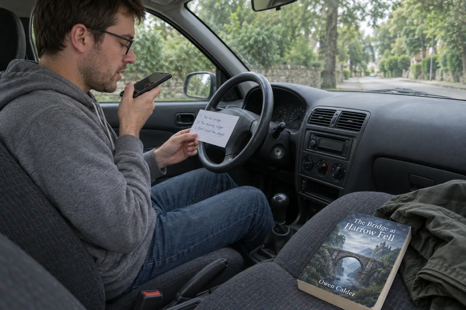 A man in glasses and a grey hoodie sits in the driver's seat of a parked car on a leafy street, recording a voice memo on his phone while reading from an index card with three handwritten lines: The old bridge, The missing ledger, Don't trust the mayor. A paperback fantasy novel, The Bridge at Harrow Fell by Owen Calder, lies on the passenger seat next to a folded jacket.