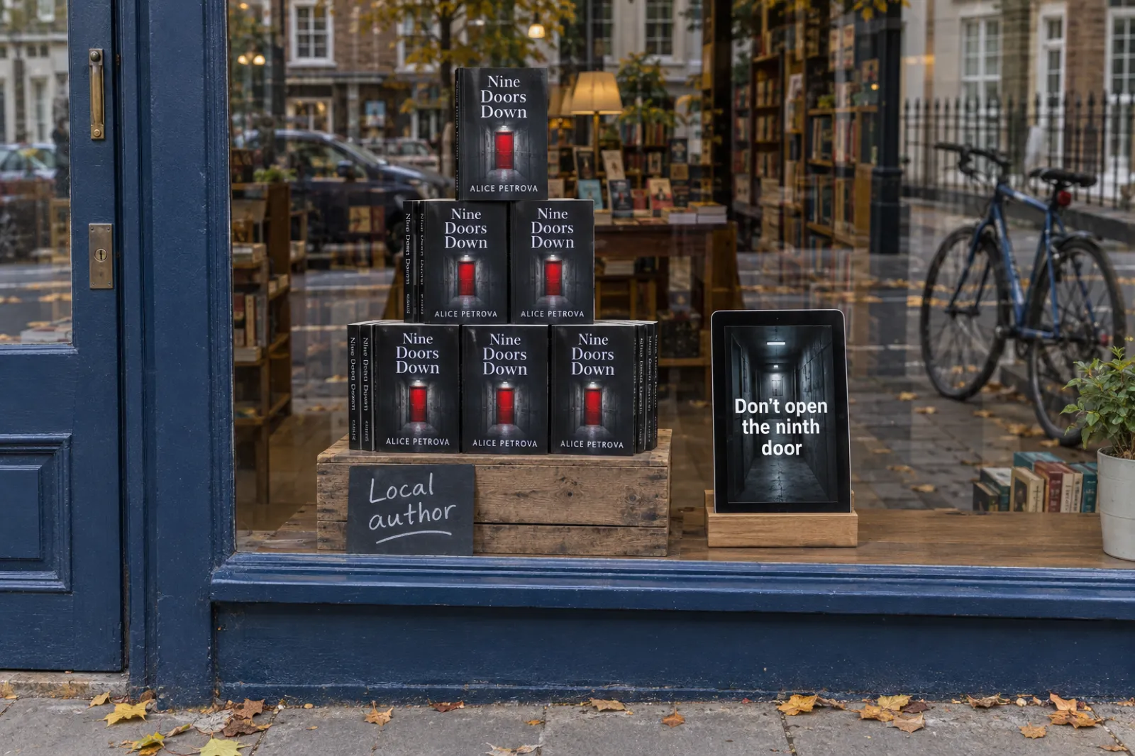 The window of an independent bookshop with a navy painted frame: a pyramid of black paperbacks with a red door on the cover, titled Nine Doors Down by Alice Petrova, stacked on a wooden crate with a chalkboard sign reading Local author, and beside it a tablet on a wooden stand playing a vertical video of a dark corridor with the caption Don't open the ninth door. A bicycle leans against the railings outside and autumn leaves lie on the pavement.