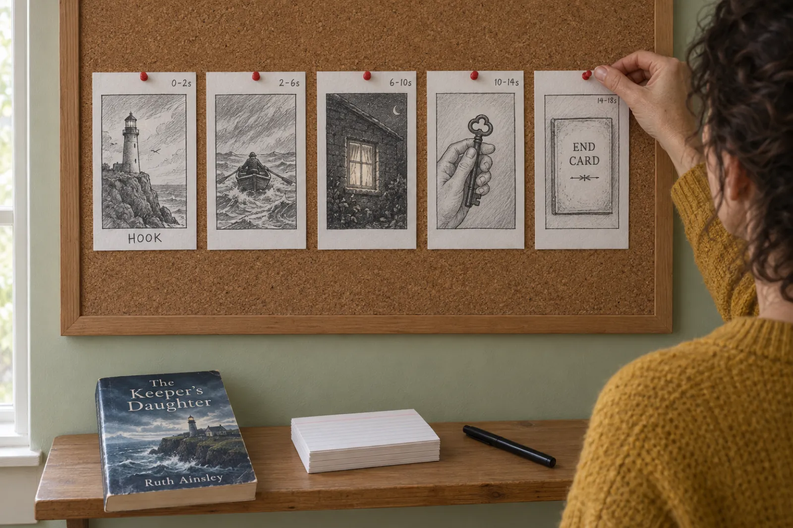 A woman in a mustard jumper pins the last of five hand-drawn storyboard index cards to a cork board: a lighthouse marked HOOK at 0-2s, a rowing boat in a storm at 2-6s, a lit window at 6-10s, a hand holding an old key at 10-14s, and a book marked END CARD at 14-18s. Below on a shelf lie a paperback titled The Keeper's Daughter by Ruth Ainsley, a stack of blank index cards and a black pen.