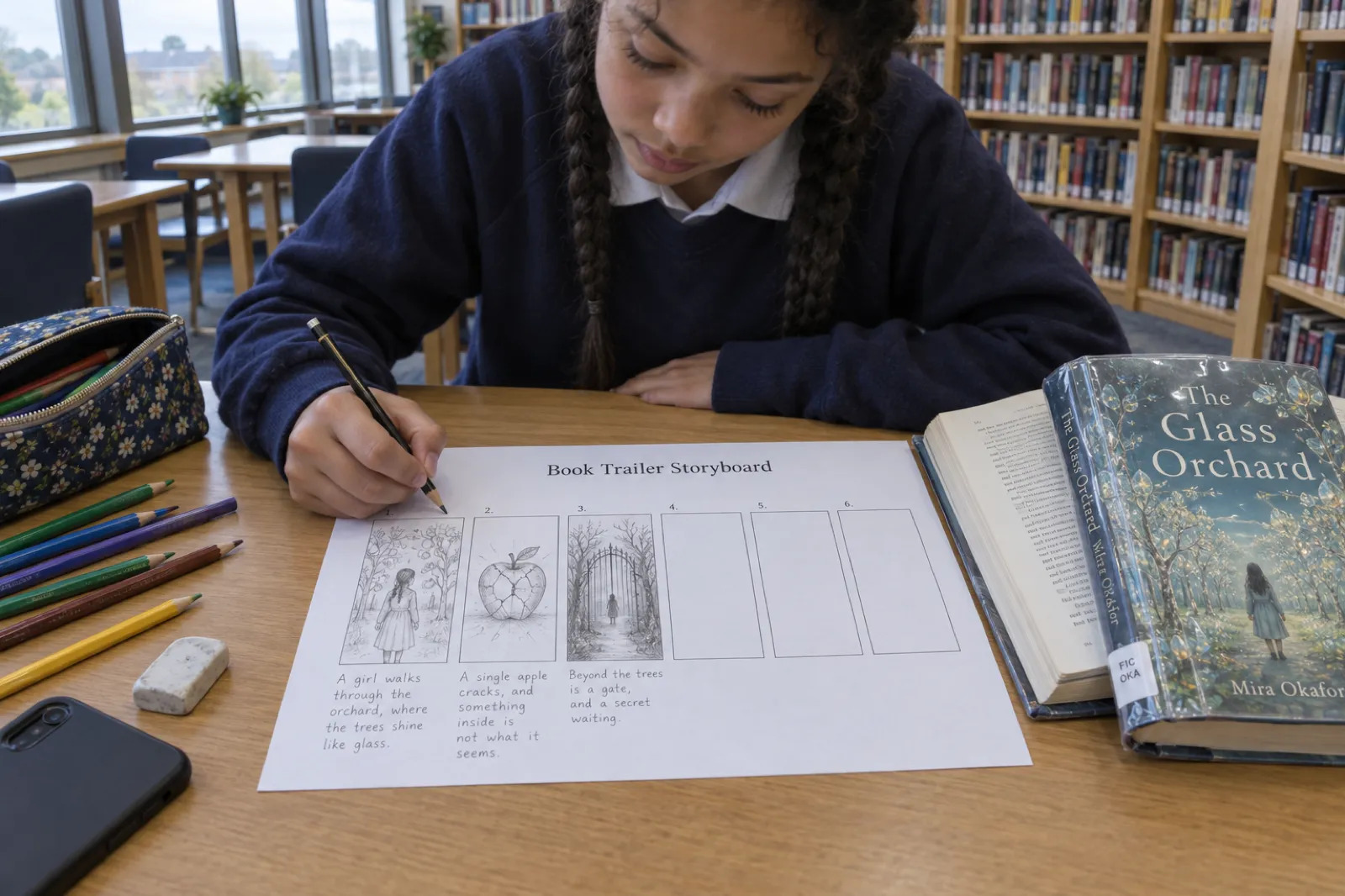 A schoolgirl with long braids in a navy sweatshirt draws in the third box of a printed Book Trailer Storyboard worksheet with six tall boxes at a school library table. The first three boxes have pencil sketches: a girl in an orchard, a cracked glass apple and a gate between dark trees, with handwritten lines under each. A library copy of The Glass Orchard by Mira Okafor lies open beside it, with coloured pencils, an eraser and a phone face down.