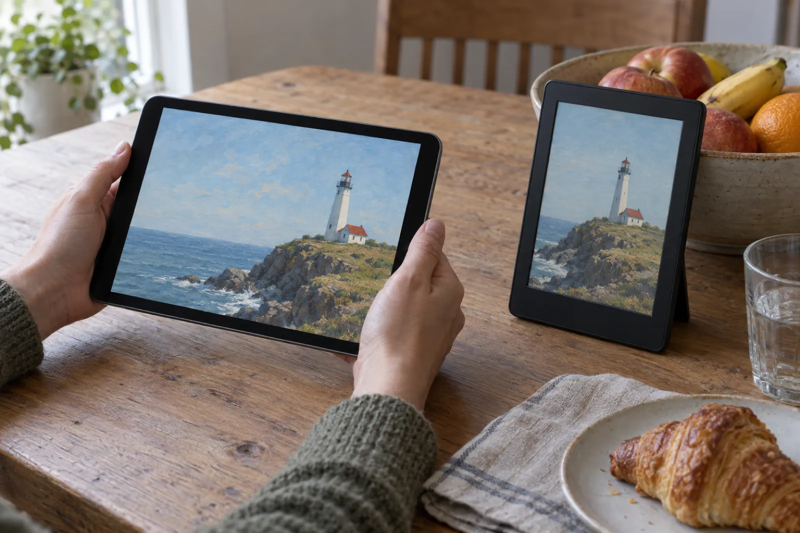 A person holding a tablet next to an e-reader on a kitchen table, both showing the same painted lighthouse book cover