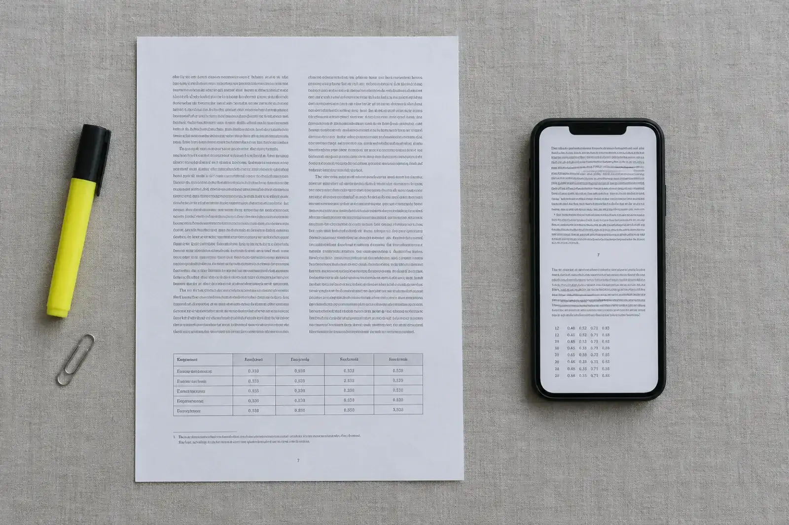 A printed two-column page with a table and footnote beside a phone showing the same content badly reflowed into a single column