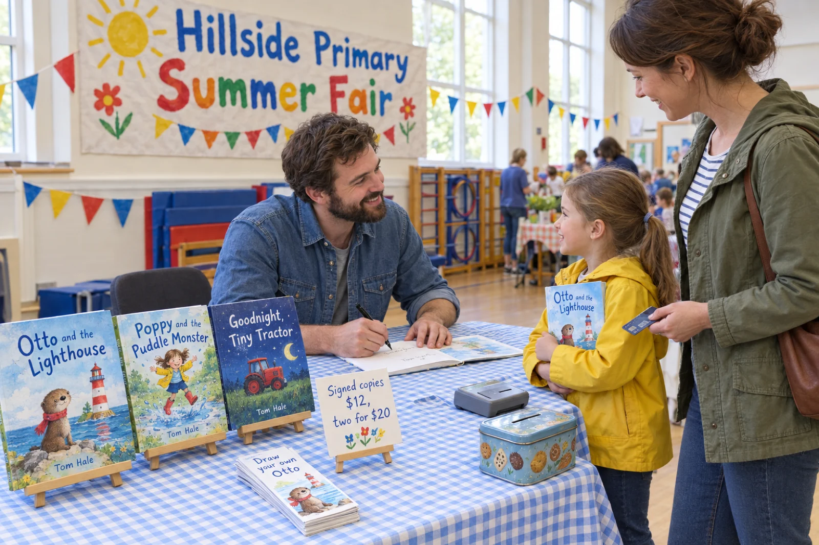 A bearded dad in a denim shirt signing a square picture book at a school hall fair table with a blue gingham cloth, smiling at a six-year-old girl in a yellow raincoat holding a copy of Otto and the Lighthouse while her mother holds out a bank card; on the table three picture books by Tom Hale on stands, Otto and the Lighthouse, Poppy and the Puddle Monster and Goodnight, Tiny Tractor, a card reading Signed copies $12, two for $20, bookmarks saying Draw your own Otto, a card reader and a biscuit tin cash box, under a banner reading Hillside Primary Summer Fair