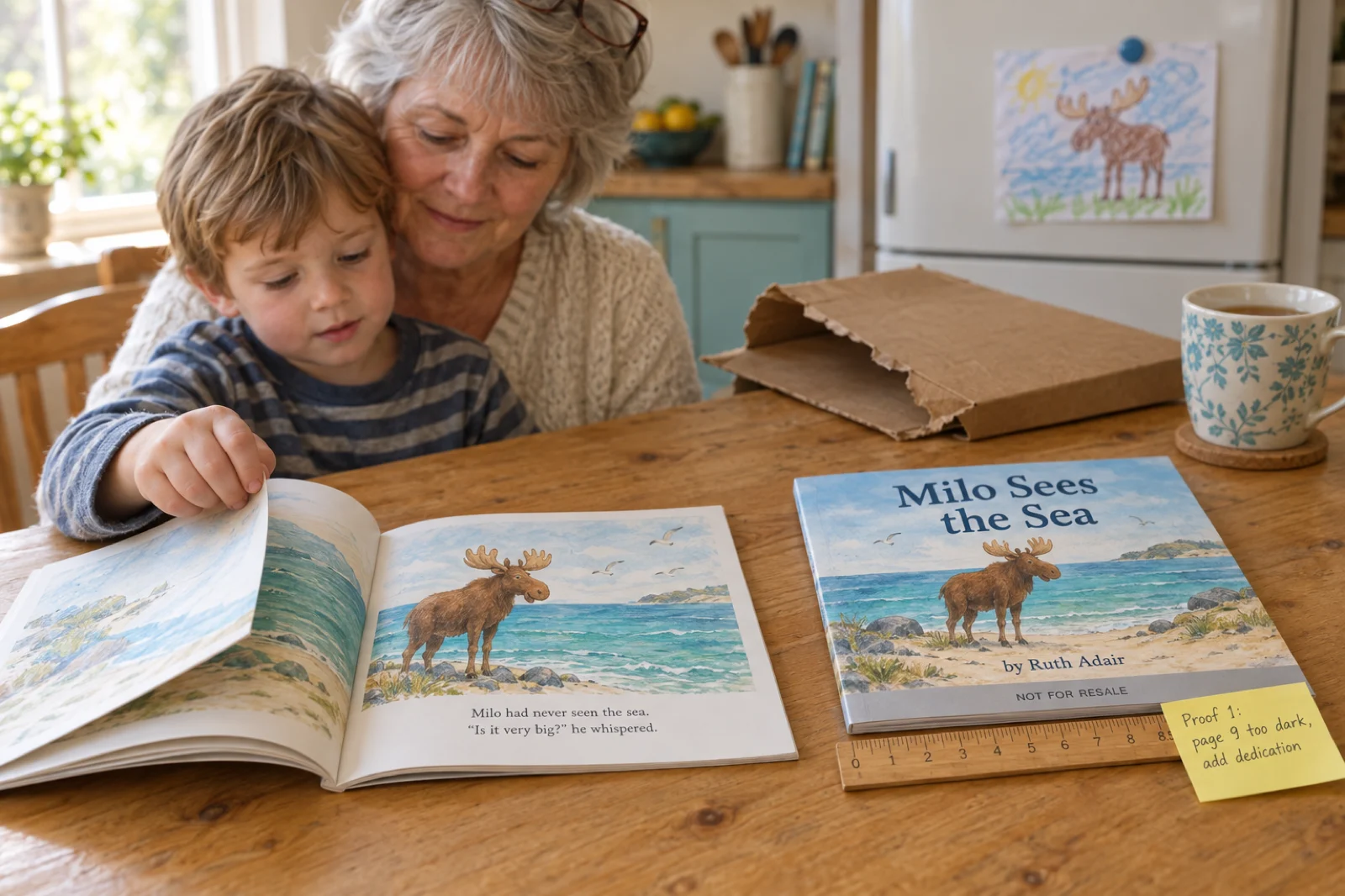 A grandmother with a four-year-old boy on her lap at a pine kitchen table, the boy turning a page of a square picture book open at a painting of a brown moose at the edge of the sea with the line Milo had never seen the sea. 'Is it very big?' he whispered; beside it a closed copy titled Milo Sees the Sea by Ruth Adair with a grey Not for Resale band across the cover, a torn cardboard mailer, a wooden ruler reading 8.5 inches, a sticky note saying Proof 1: page 9 too dark, add dedication, a mug of tea and a child's crayon moose on the fridge