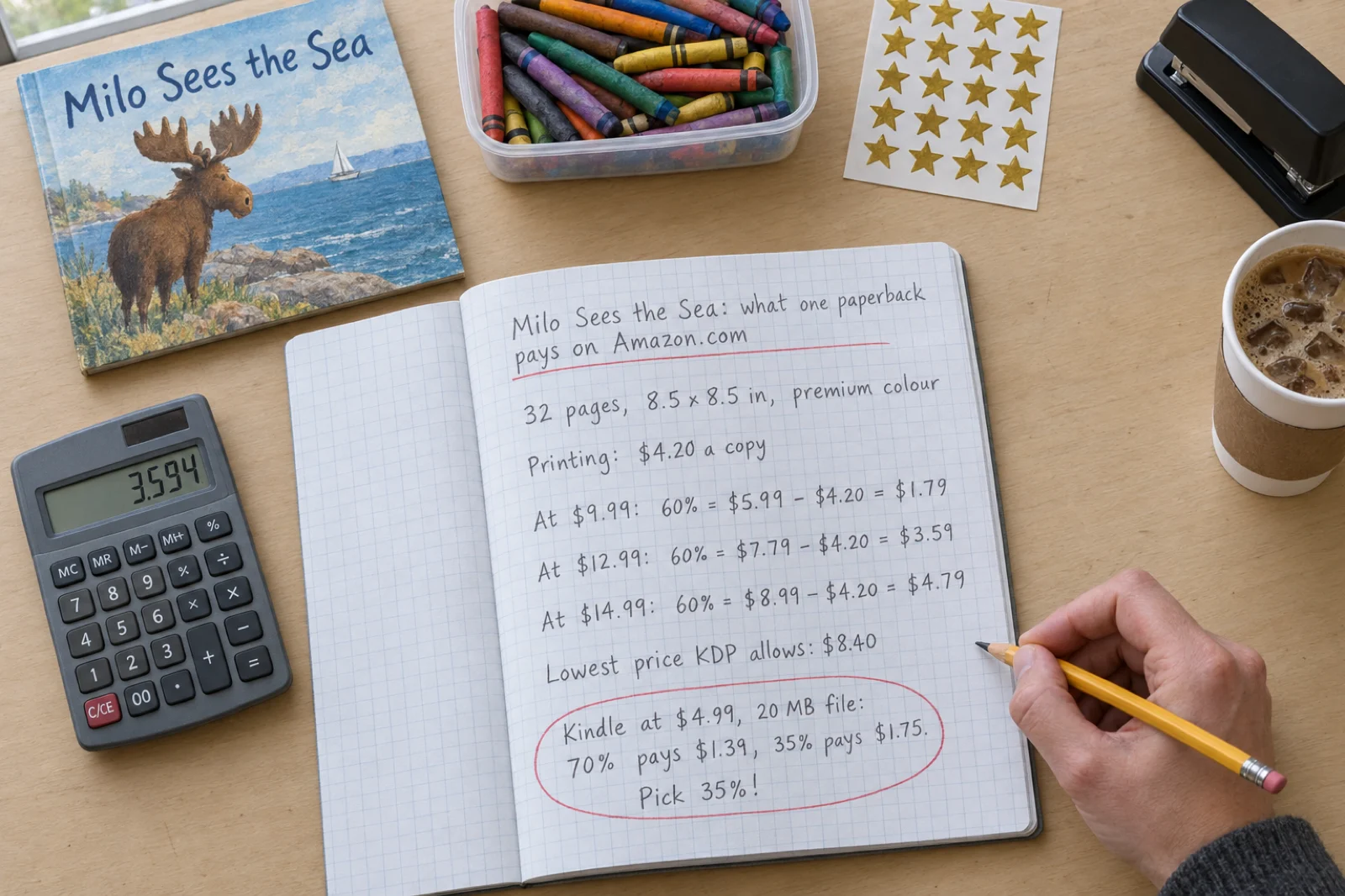 Overhead of a teacher's desk with a squared-paper exercise book of handwritten pencil sums headed Milo Sees the Sea: what one paperback pays on Amazon.com, reading 32 pages, 8.5 x 8.5 in, premium colour; Printing: $4.20 a copy; At $9.99: 60% = $5.99 - $4.20 = $1.79; At $12.99: 60% = $7.79 - $4.20 = $3.59; At $14.99: 60% = $8.99 - $4.20 = $4.79; Lowest price KDP allows: $8.40; and circled in red, Kindle at $4.99, 20 MB file: 70% pays $1.39, 35% pays $1.75. Pick 35%!; beside it a calculator showing 3.594, the picture book, a tub of crayons, gold star stickers and a coffee