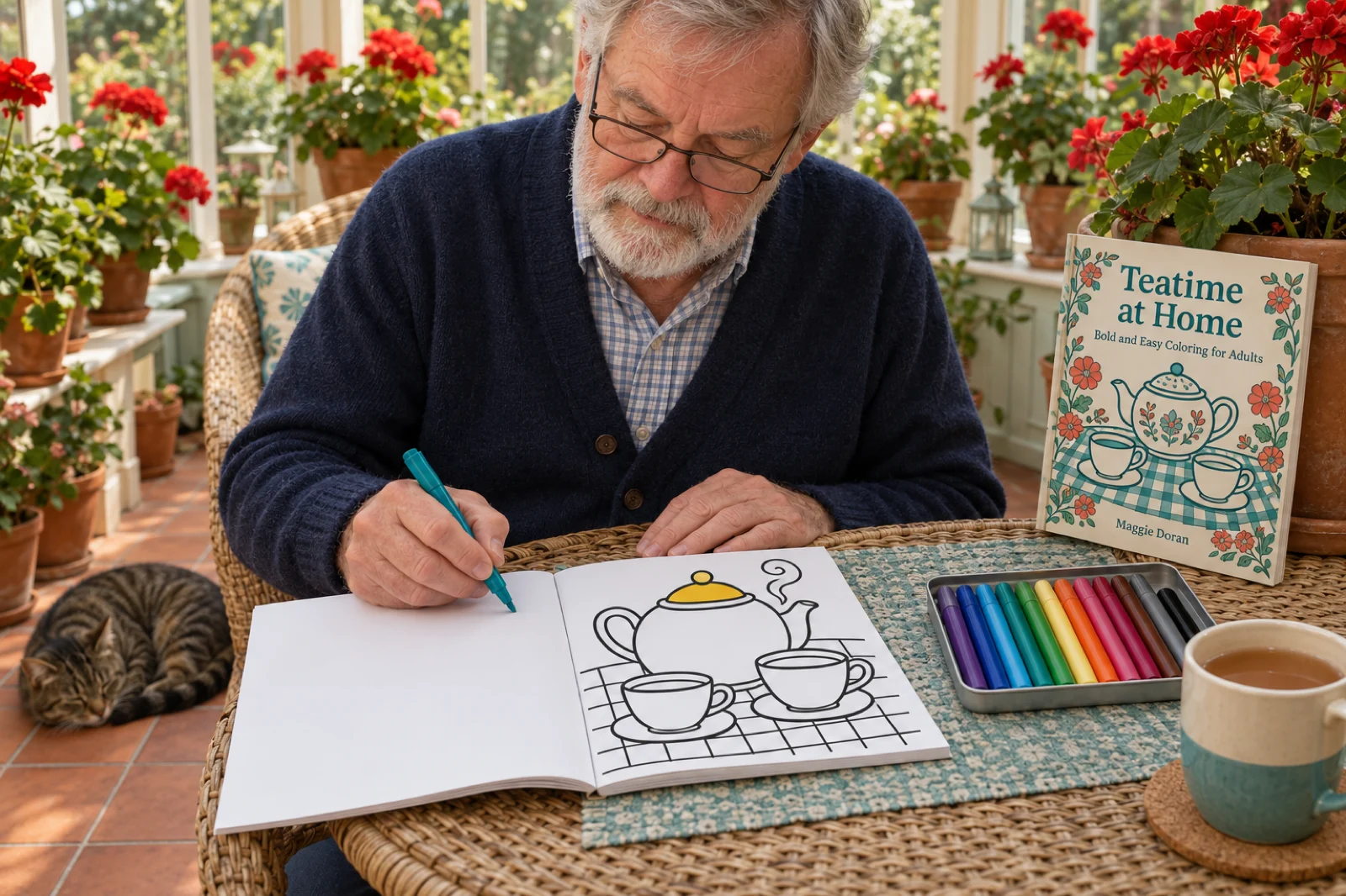 A retired man with a grey beard and reading glasses about to colour with a teal marker at a wicker table in a sunny conservatory full of red geraniums, a square coloring book open flat with a blank left-hand page and, on the right, a bold and easy design of a teapot and two teacups on a checked tablecloth in thick black outlines, only the teapot lid coloured yellow so far; a copy titled Teatime at Home, Bold and Easy Coloring for Adults, by Maggie Doran stands against a plant pot beside a tin of markers and a mug of tea, and a tabby cat sleeps on the tiles