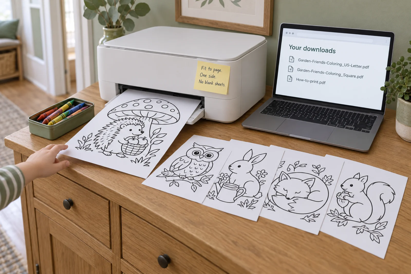 A small white home printer on an oak hallway sideboard printing a coloring page of a hedgehog carrying a basket of apples under a toadstool in clean black outlines, four more single printed designs fanned beside it (an owl on a branch, a rabbit by a watering can, a sleeping fox and a squirrel with an acorn), a laptop showing a page headed Your downloads with three files, Garden-Friends-Coloring_US-Letter.pdf, Garden-Friends-Coloring_Square.pdf and How-to-print.pdf, a sticky note on the printer reading Fit to page. One side. No blank sheets., a tin of crayons and a child's hand reaching for the first page