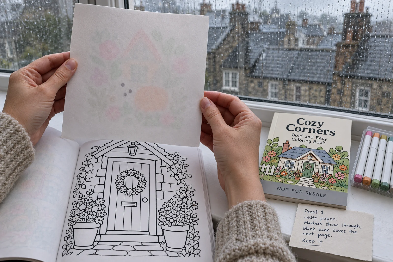 Two hands holding one page of a coloring book proof against a rain-streaked upstairs window with wet slate rooftops beyond, the blank back of the page showing faint pink, green and orange ghosts of the coloured design on its front and three dark dots where a marker soaked through, while the book below lies open at an untouched black outline drawing of a cottage front door with a wreath and two flower pots; on the windowsill a proof copy titled Cozy Corners, Bold and Easy Coloring Book, with a grey Not for Resale band, a pack of markers and a handwritten tag reading Proof 1: white paper. Markers show through, blank back saves the next page. Keep it.