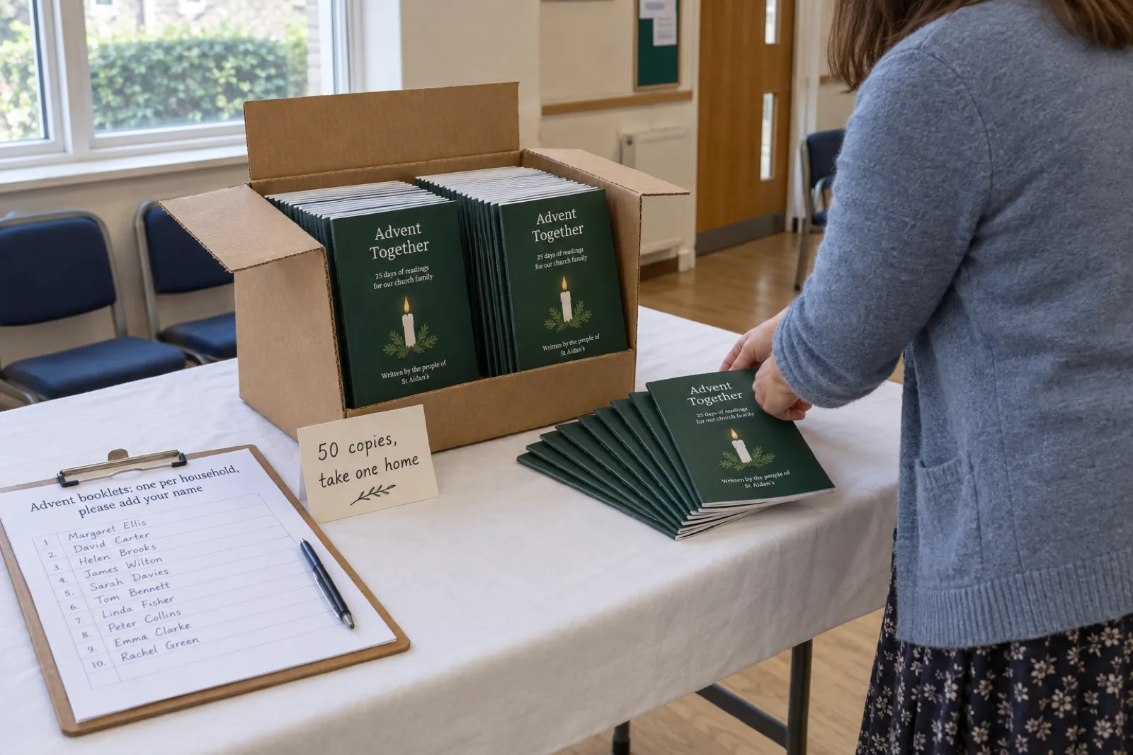 A box of identical dark green booklets titled Advent Together, 25 days of readings for our church family, written by the people of St Aidan's, on a church hall table beside a clipboard sign-up sheet headed Advent booklets: one per household, please add your name, and a card reading 50 copies, take one home, while a woman sets booklets out