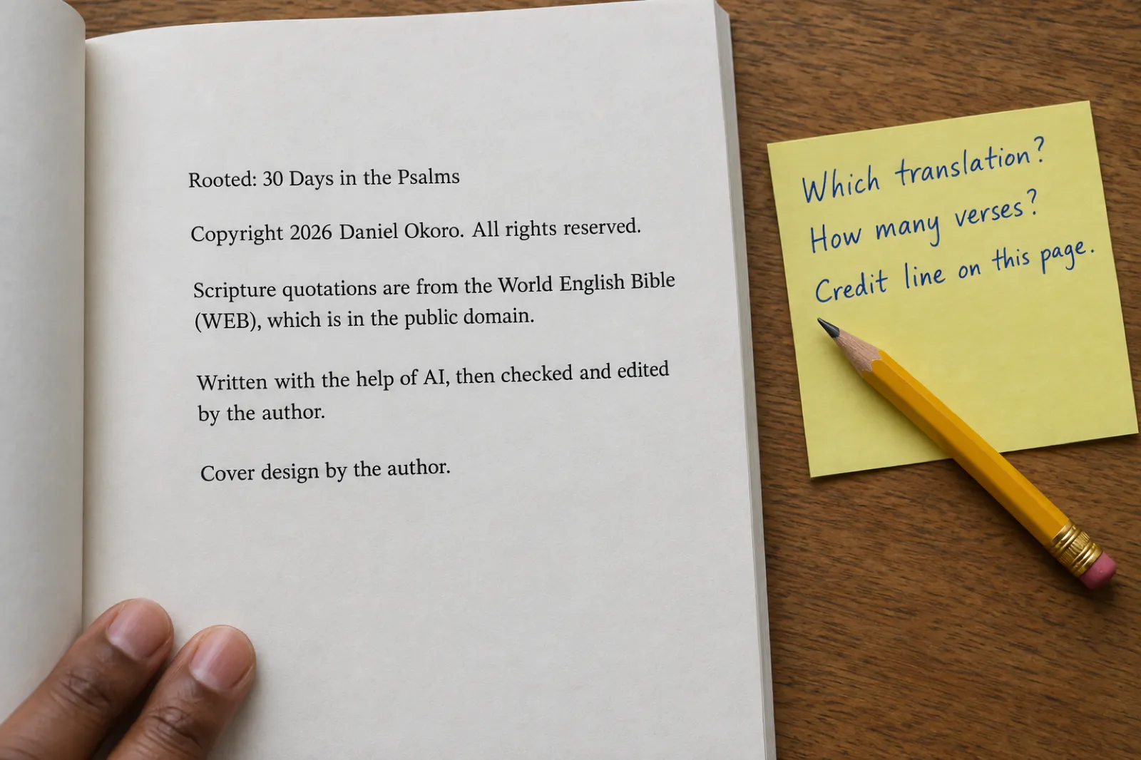 The copyright page of a paperback titled Rooted: 30 Days in the Psalms, reading Copyright 2026 Daniel Okoro. All rights reserved. Scripture quotations are from the World English Bible (WEB), which is in the public domain. Written with the help of AI, then checked and edited by the author. Cover design by the author. A yellow sticky note beside it reads Which translation? How many verses? Credit line on this page.