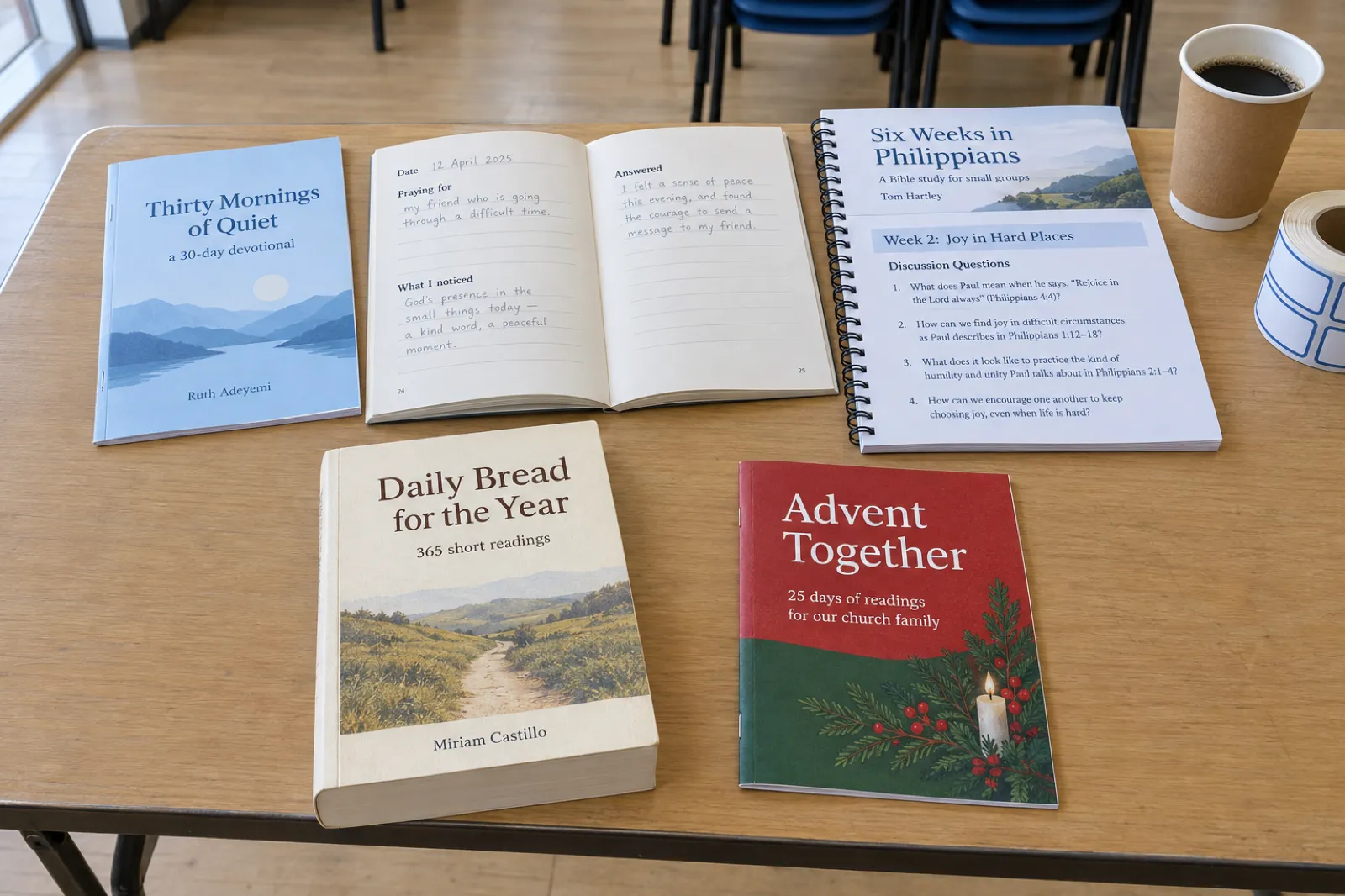 Five printed faith books on a church hall trestle table: a pale blue booklet Thirty Mornings of Quiet, a 30-day devotional, by Ruth Adeyemi; a prayer journal open at pages headed Date, Praying for, What I noticed and Answered, filled in by pencil; a spiral-bound Six Weeks in Philippians, A Bible study for small groups, by Tom Hartley, open at Week 2: Joy in Hard Places with four discussion questions; a thick paperback Daily Bread for the Year, 365 short readings, by Miriam Castillo; and a red and green booklet Advent Together, 25 days of readings for our church family