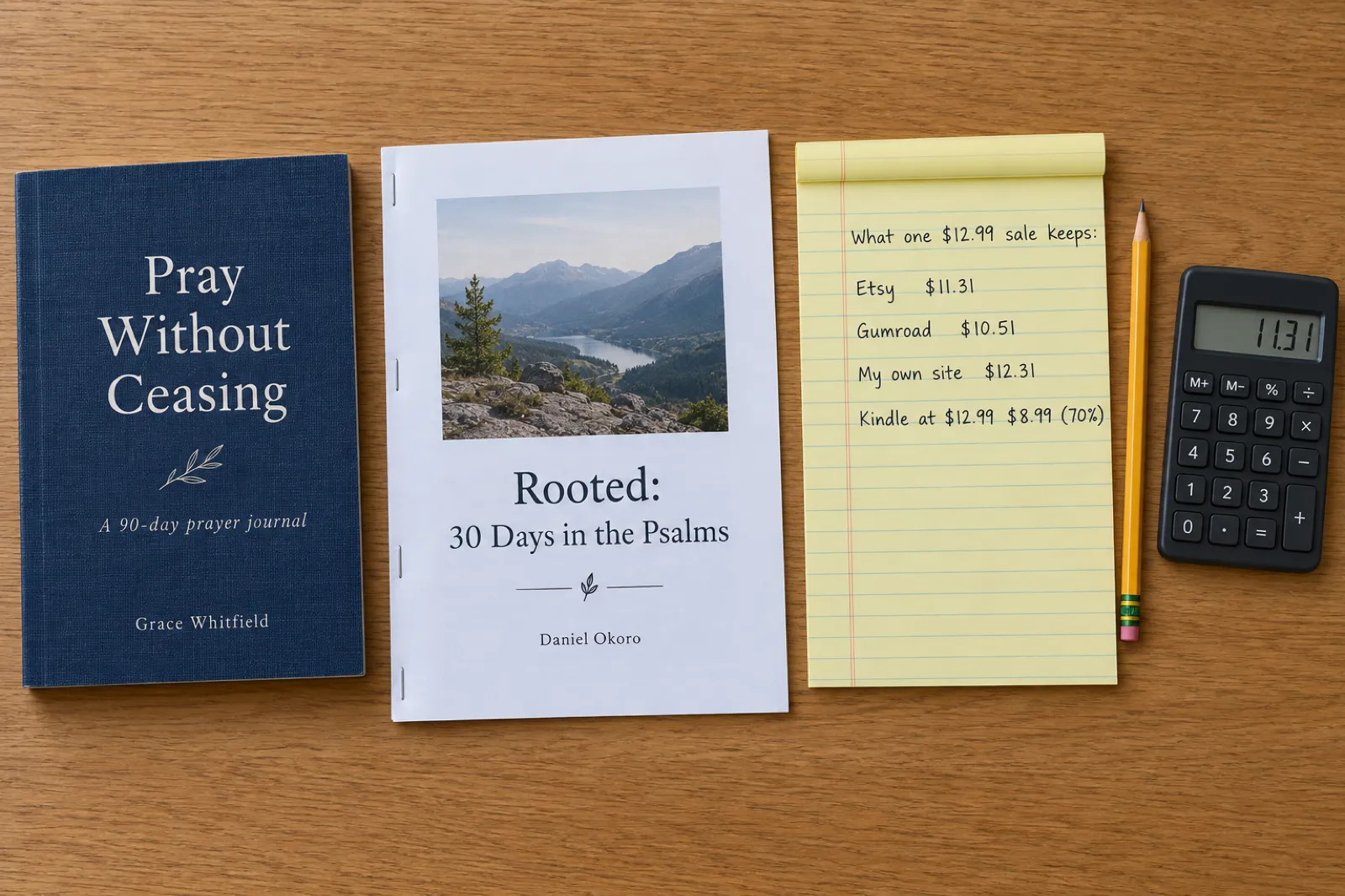 A navy paperback titled Pray Without Ceasing, A 90-day prayer journal, by Grace Whitfield, and a stapled booklet Rooted: 30 Days in the Psalms by Daniel Okoro, beside a yellow notepad reading What one $12.99 sale keeps: Etsy $11.31, Gumroad $10.51, My own site $12.31, Kindle at $12.99 $8.99 (70%), with a pencil and a calculator showing 11.31