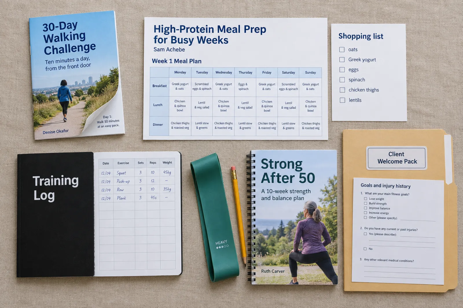 Five printed fitness products on linen: a sky-blue booklet 30-Day Walking Challenge by Denise Okafor open at Day 1, a Week 1 Meal Plan grid with a shopping list for High-Protein Meal Prep for Busy Weeks by Sam Achebe, a black 6 by 9 Training Log open at a page with columns Date, Exercise, Sets, Reps, Weight, a spiral-bound Strong After 50 programme by Ruth Carver, and a manila folder labelled Client Welcome Pack with a Goals and injury history questionnaire.