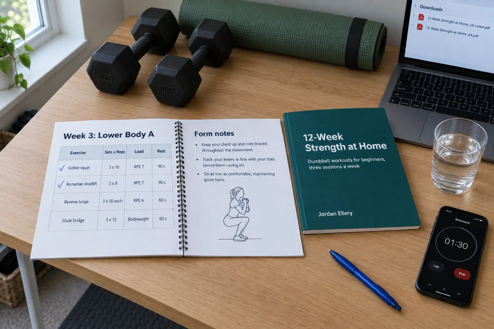 A spiral-bound workout programme open on an oak table at Week 3: Lower Body A, a printed table with columns Exercise, Sets x Reps, Load and Rest listing goblet squat 3 x 10 at RPE 7 with 90 seconds rest, Romanian deadlift, reverse lunge and glute bridge, the first two rows ticked in blue pen; beside it a closed teal copy titled 12-Week Strength at Home, Dumbbell workouts for beginners, three sessions a week, by Jordan Ellery, a pair of dumbbells, a yoga mat and a laptop listing 12-Week-Strength-at-Home_US-Letter.pdf and 12-Week-Strength-at-Home_A4.pdf