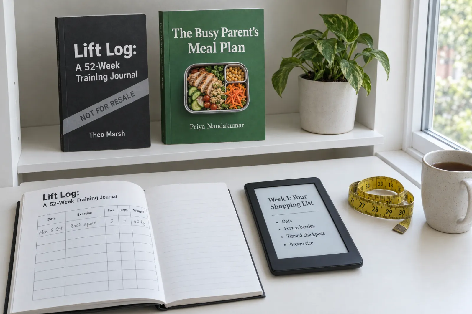 Paperback proofs on a white shelf: Lift Log, A 52-Week Training Journal, by Theo Marsh with a Not for resale band, and The Busy Parent's Meal Plan by Priya Nandakumar; in front, the Lift Log open at a table with Date, Exercise, Sets, Reps and Weight filled in by pencil, Mon 6 Oct, Back squat, 3, 5, 60 kg, beside a plain e-reader showing Week 1: Your Shopping List with oats, frozen berries, tinned chickpeas and brown rice.