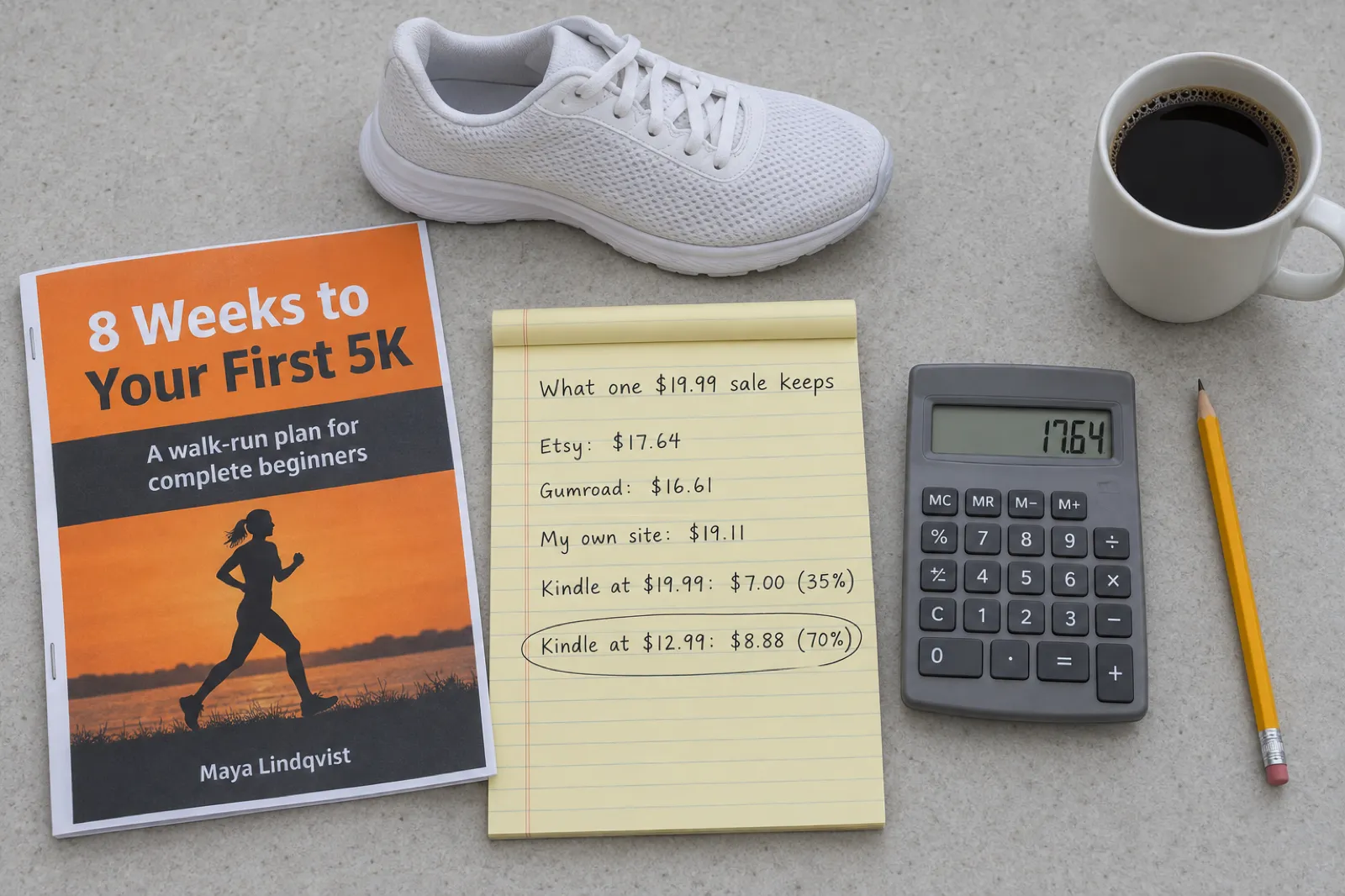 A stapled programme titled 8 Weeks to Your First 5K, A walk-run plan for complete beginners, by Maya Lindqvist, beside a running shoe and a yellow notepad reading What one $19.99 sale keeps: Etsy $17.64, Gumroad $16.61, my own site $19.11, Kindle at $19.99 $7.00 (35%), and circled, Kindle at $12.99 $8.88 (70%), with a calculator showing 17.64.