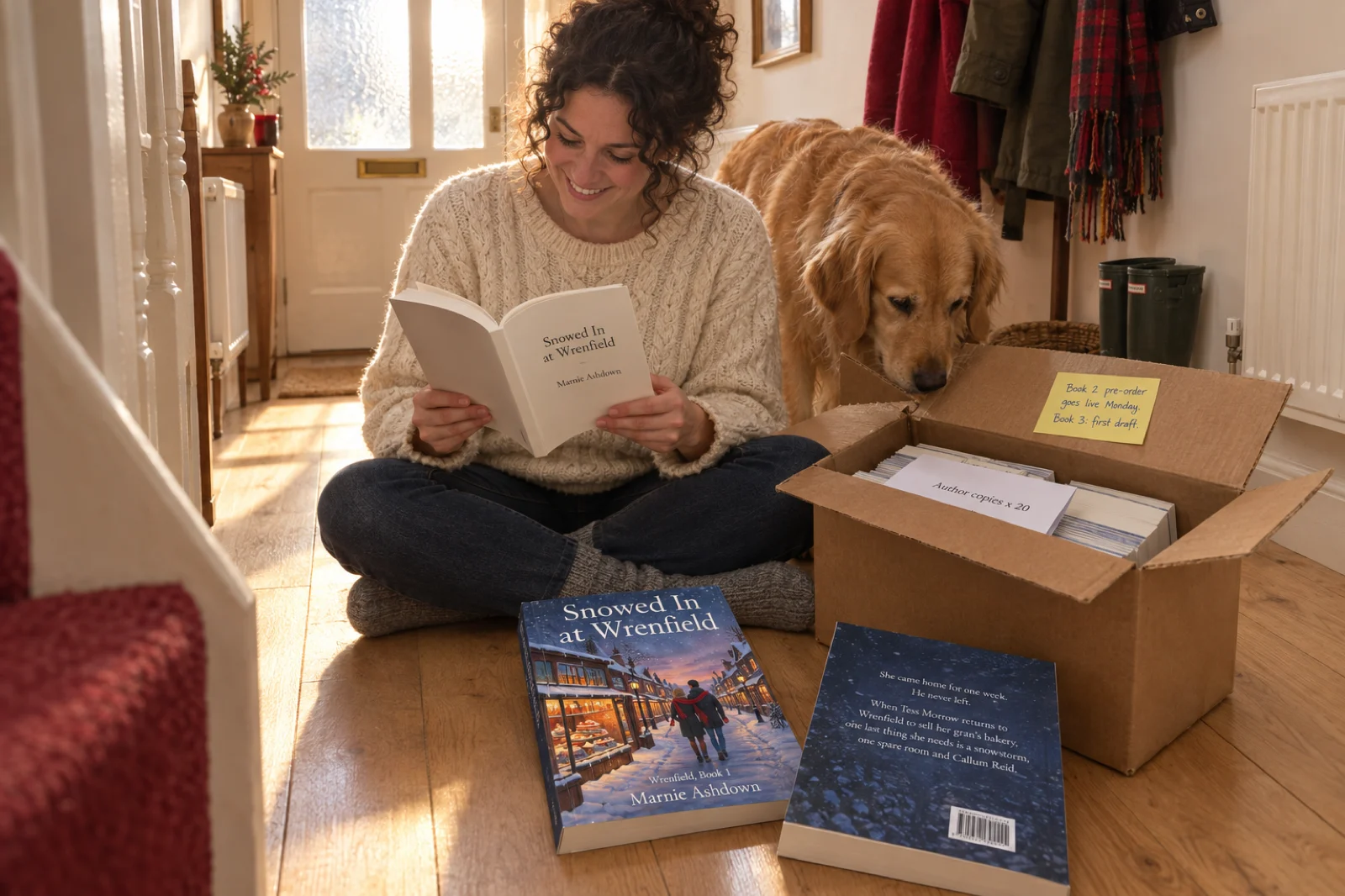 A woman with dark curly hair in a cream cable-knit jumper sitting cross-legged on the oak floor of a sunny hallway, smiling at the title page of a paperback reading Snowed In at Wrenfield, Marnie Ashdown, beside an opened box of author copies with a packing slip reading Author copies x 20 and a yellow sticky note reading Book 2 pre-order goes live Monday. Book 3: first draft. On the floor lie a copy with an illustrated snowy main street cover titled Snowed In at Wrenfield, Wrenfield, Book 1, Marnie Ashdown, and a copy face down with a back-cover blurb that begins She came home for one week. He never left., while a golden retriever sniffs the box