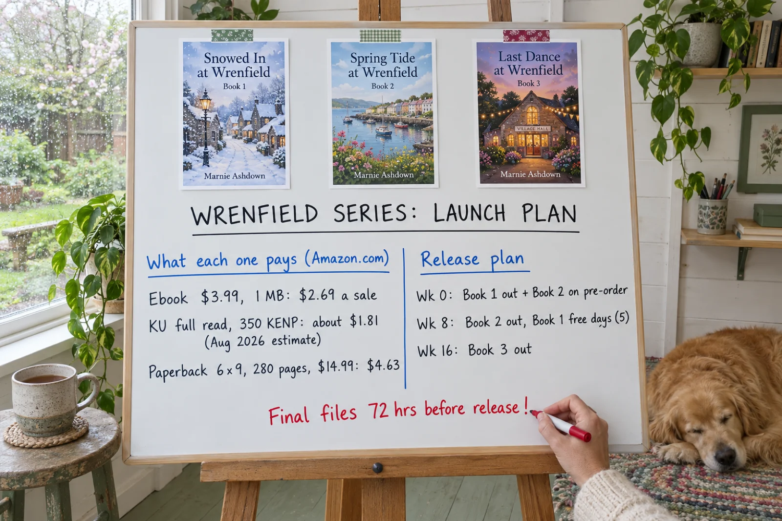 A whiteboard on an easel in a garden studio with three paperback cover proofs taped along the top, Snowed In at Wrenfield Book 1, Spring Tide at Wrenfield Book 2 and Last Dance at Wrenfield Book 3, all by Marnie Ashdown, under the heading Wrenfield Series: Launch Plan. The left column, What each one pays (Amazon.com), reads Ebook $3.99, 1 MB: $2.69 a sale; KU full read, 350 KENP: about $1.81 (Aug 2026 estimate); Paperback 6 x 9, 280 pages, $14.99: $4.63. The right column, Release plan, reads Wk 0: Book 1 out + Book 2 on pre-order; Wk 8: Book 2 out, Book 1 free days (5); Wk 16: Book 3 out. A hand in a cream sleeve writes Final files 72 hrs before release! in red while a golden retriever sleeps on a rug