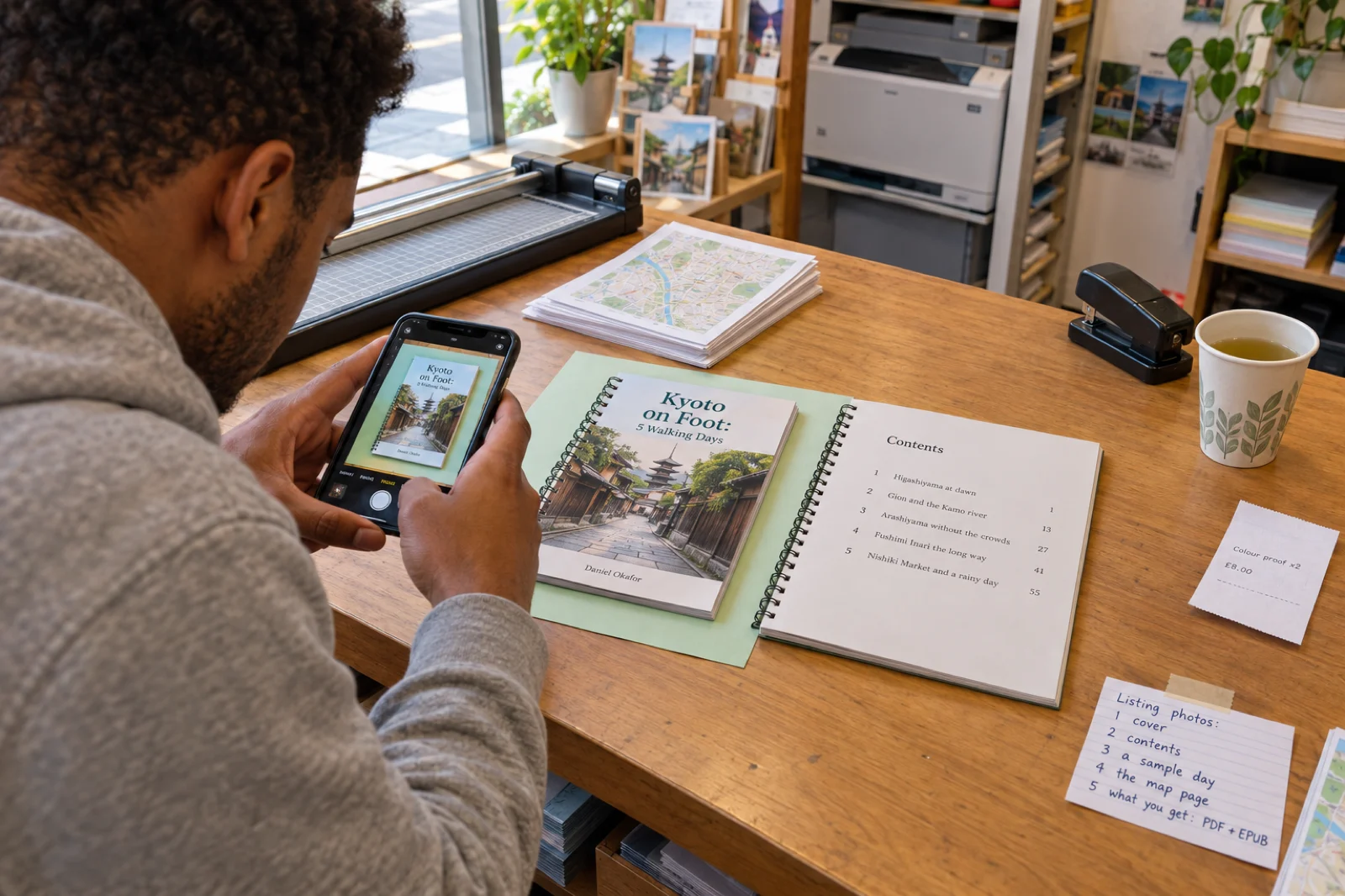 At the counter of a small print shop, a young man in a grey hoodie photographs with his phone a spiral-bound proof titled Kyoto on Foot: 5 Walking Days by Daniel Okafor on a sheet of mint green card, beside a second copy open at its contents page listing Higashiyama at dawn, Gion and the Kamo river, Arashiyama without the crowds, Fushimi Inari the long way, and Nishiki Market and a rainy day; a handwritten card on the counter reads Listing photos: 1 cover, 2 contents, 3 a sample day, 4 the map page, 5 what you get: PDF + EPUB, next to a paper trimmer, printed map pages, a stapler, a cup of tea and a receipt for a colour proof