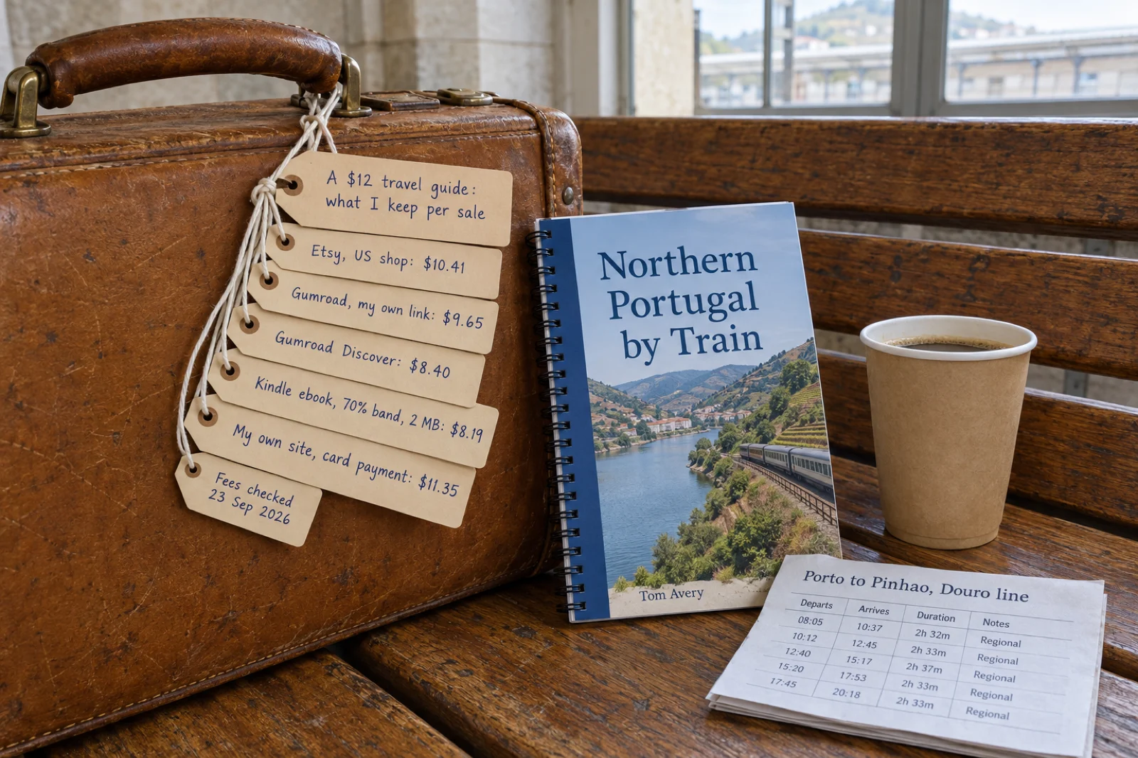 Six handwritten manila luggage tags tied to the handle of a worn tan leather suitcase on a station bench, reading A $12 travel guide: what I keep per sale; Etsy, US shop: $10.41; Gumroad, my own link: $9.65; Gumroad Discover: $8.40; Kindle ebook, 70% band, 2 MB: $8.19; My own site, card payment: $11.35; and Fees checked 23 Sep 2026, beside a spiral-bound guide titled Northern Portugal by Train by Tom Avery, a paper coffee cup and a Porto to Pinhao timetable