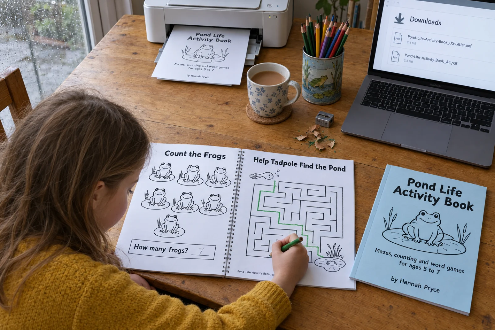From above, a girl in a mustard-yellow jumper at a pine kitchen table traces a maze in green pencil in a spiral-bound activity book open at two pages: Count the Frogs, with seven frogs on lily pads and the box How many frogs? answered 7, and Help Tadpole Find the Pond, a half-traced maze; beside it a pale blue copy titled Pond Life Activity Book, Mazes, counting and word games for ages 5 to 7, by Hannah Pryce, a home printer with a freshly printed cover in its tray, a mug of tea, a tin of colouring pencils and a laptop showing a Downloads page with Pond-Life-Activity-Book_US-Letter.pdf and Pond-Life-Activity-Book_A4.pdf