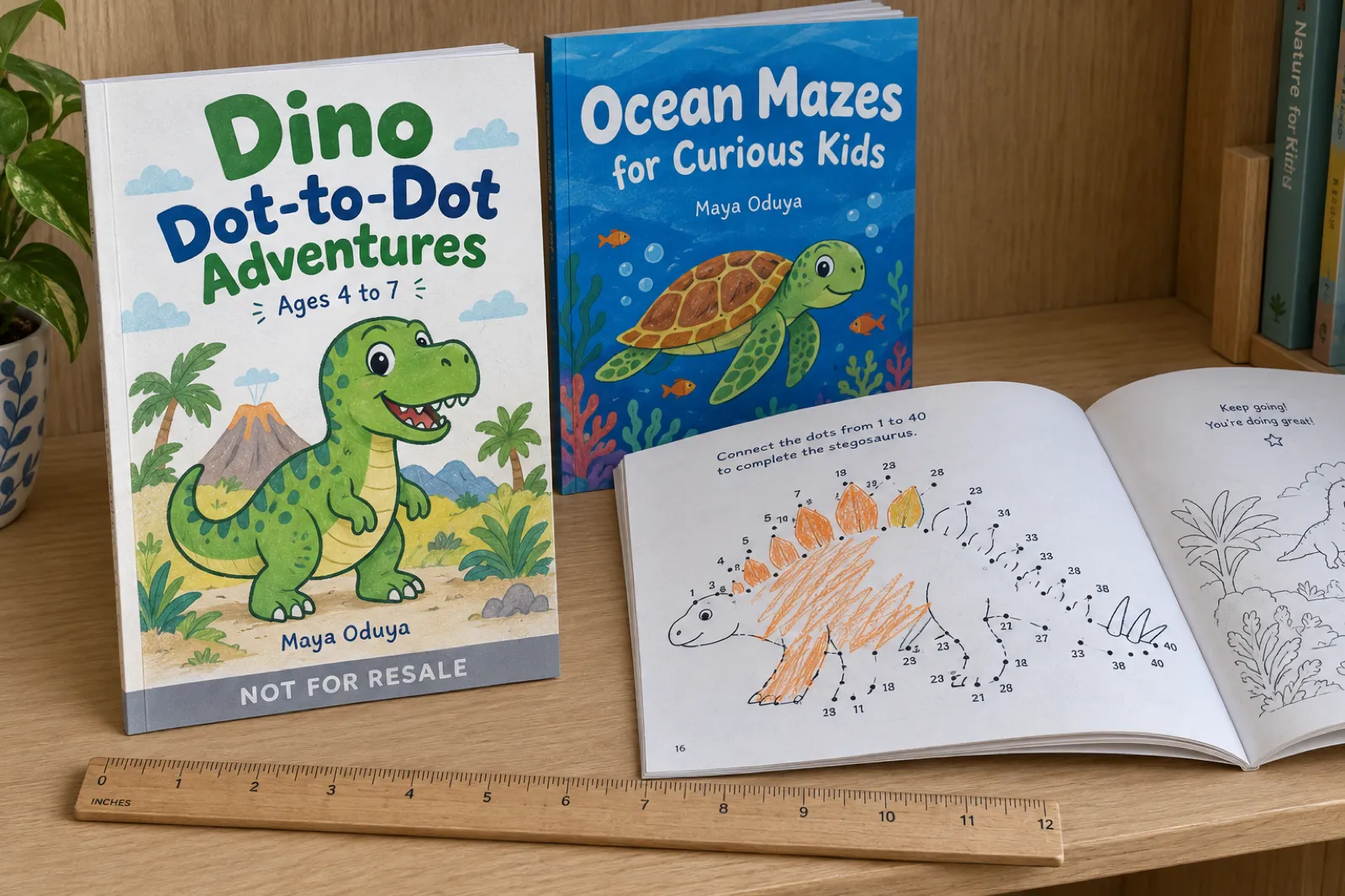 Printed 8.5 by 11 inch activity books on a shelf: Dino Dot-to-Dot Adventures, Ages 4 to 7, by Maya Oduya with a Not for resale band like a proof copy, Ocean Mazes for Curious Kids by the same author, and an open dot-to-dot stegosaurus half coloured in orange crayon, with a ruler in front.